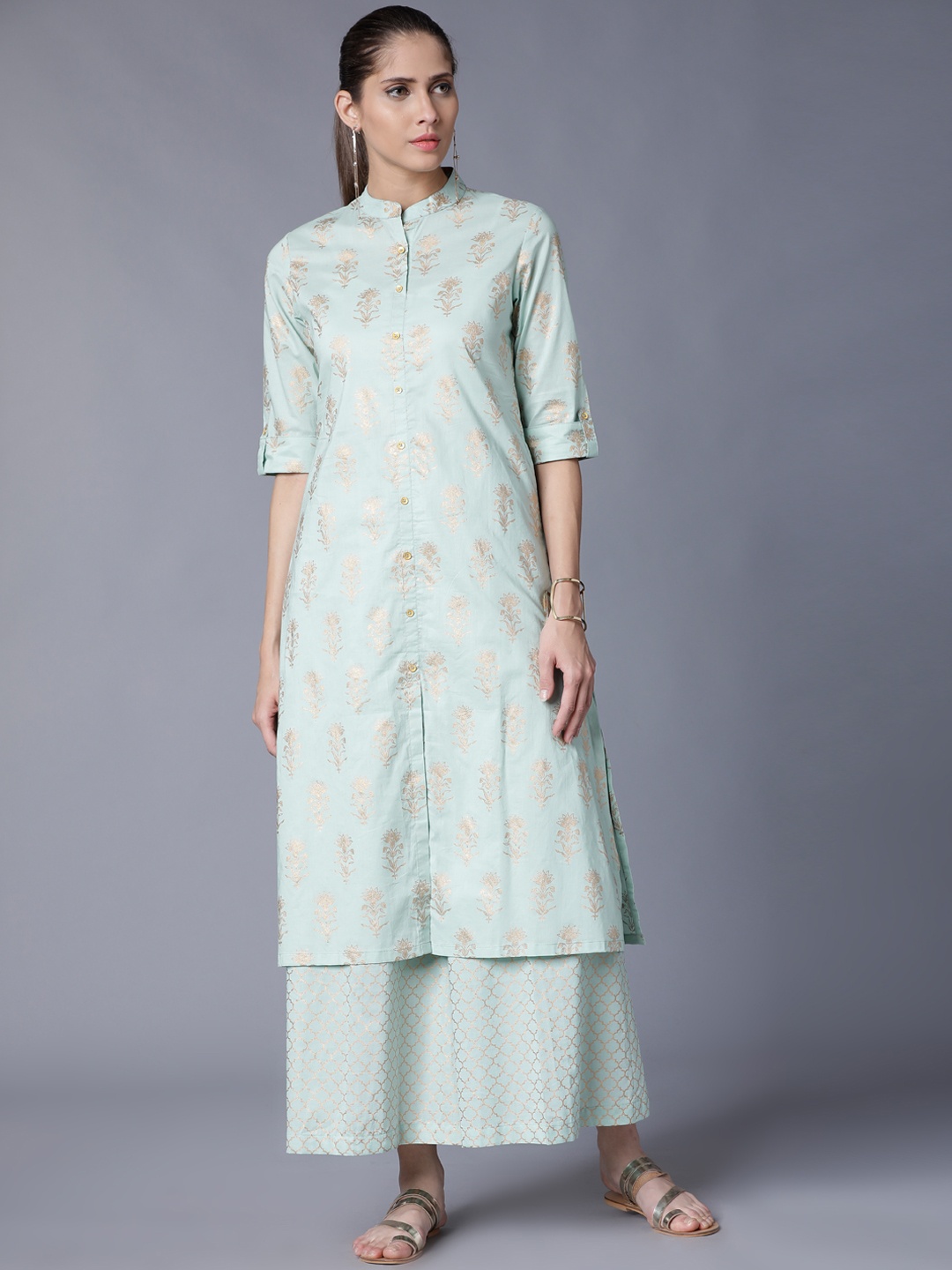 

Vishudh Women Turquoise Blue & Gold-Toned Printed Kurta with Palazzos