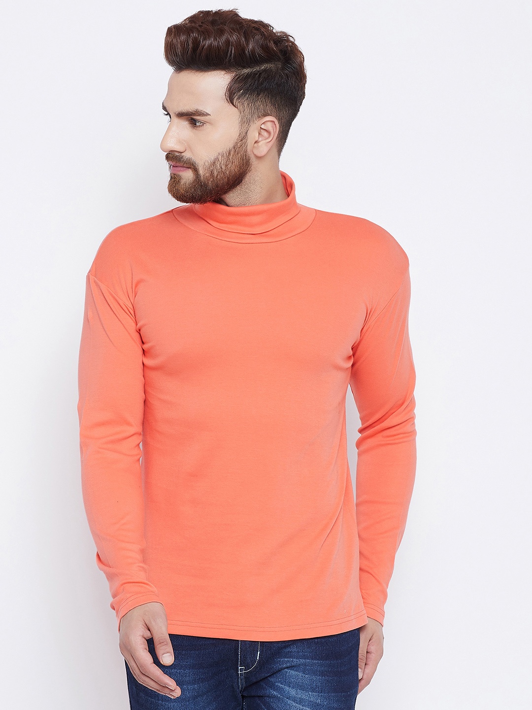 

Hypernation Men Orange Solid High Neck Pure Cotton T-shirt