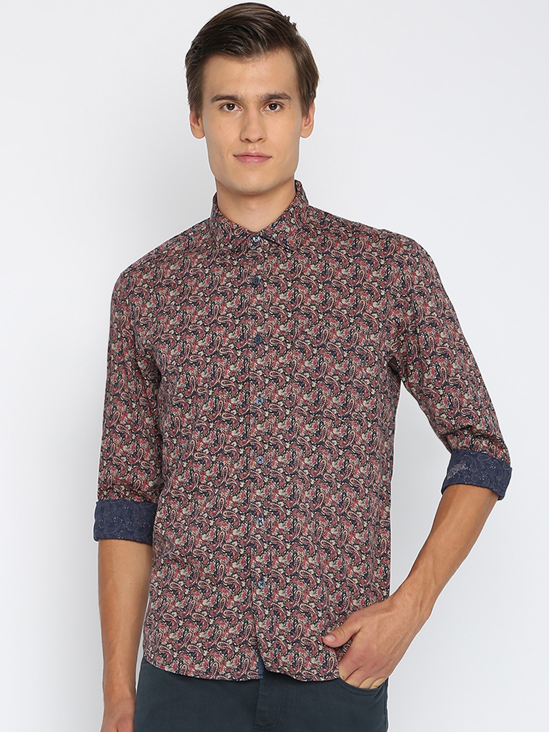 

Basics Men Rust & Blue Slim Fit Printed Casual Shirt