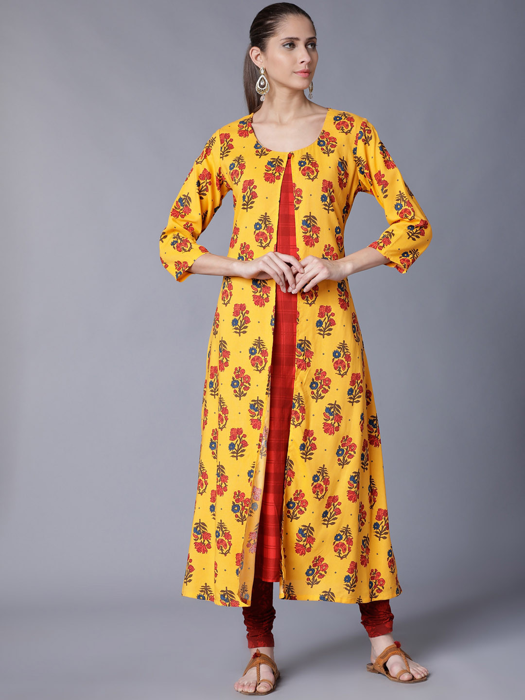

Vishudh Women Yellow & Red Printed A-Line Kurta