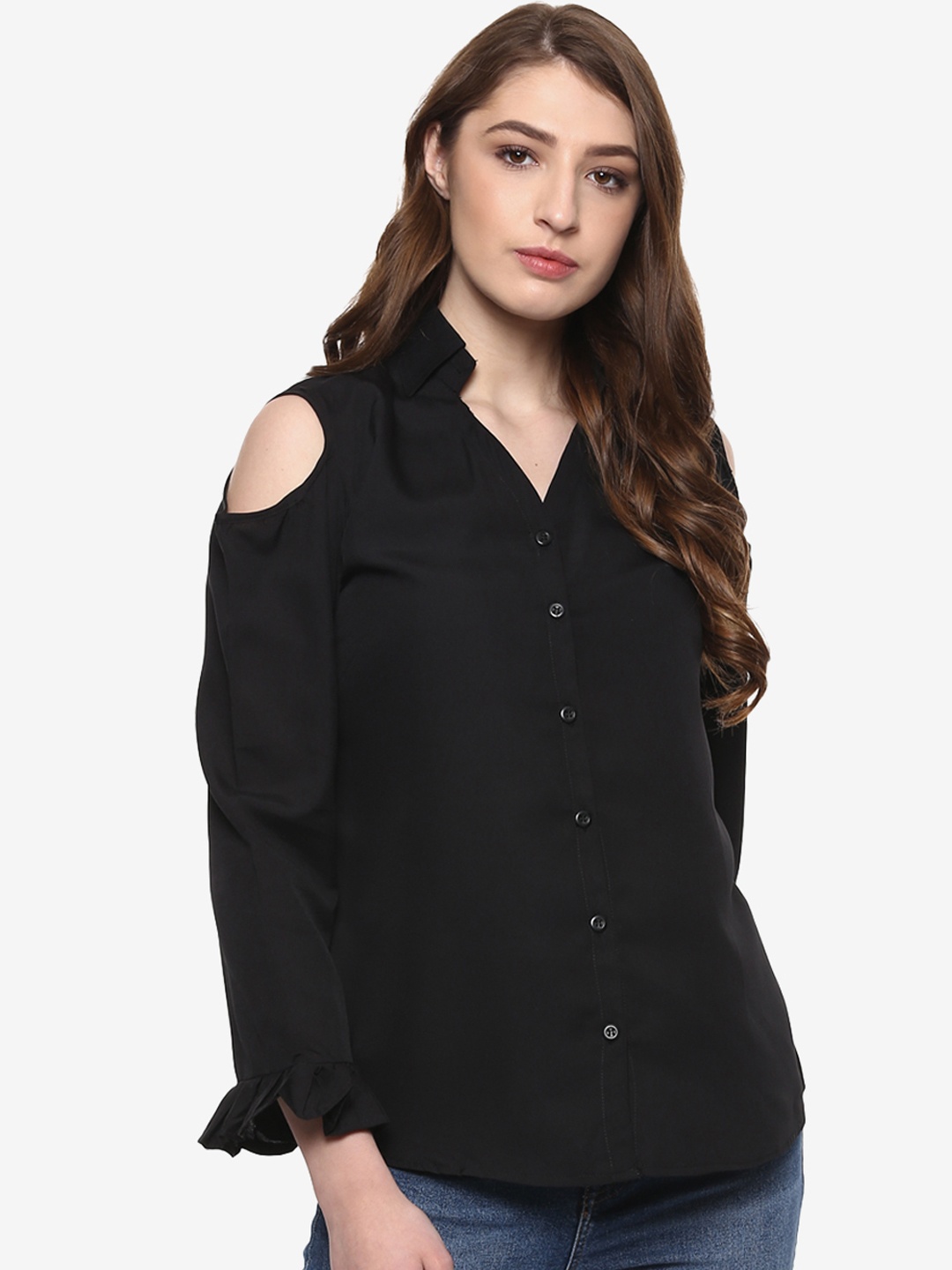 

Indietoga Women Black Comfort Regular Fit Solid Casual Shirt
