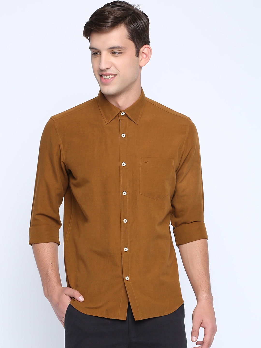 Basics Men Brown Slim Fit Solid Casual Shirt