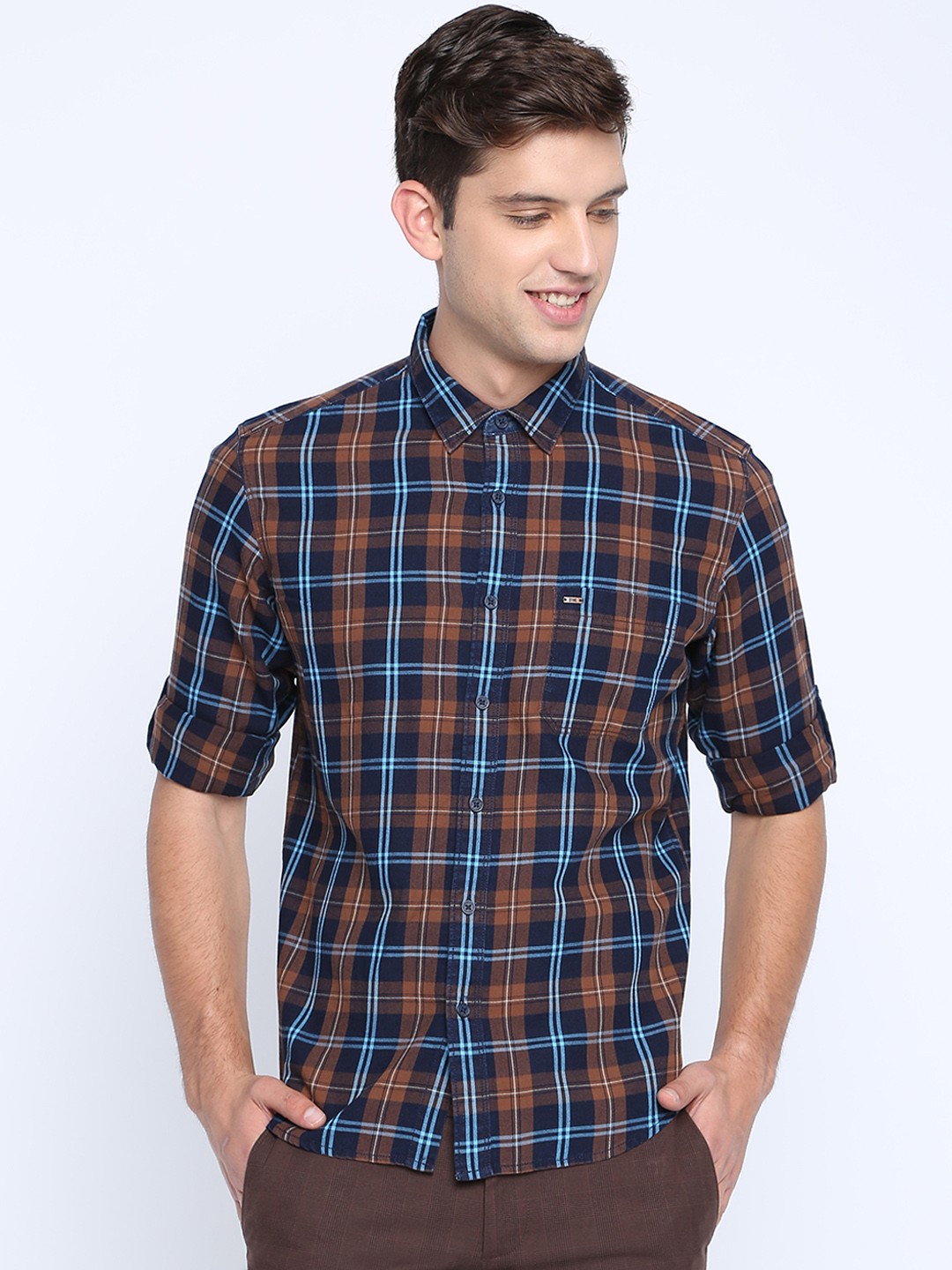 

Basics Men Brown & Blue Slim Fit Checked Casual Shirt