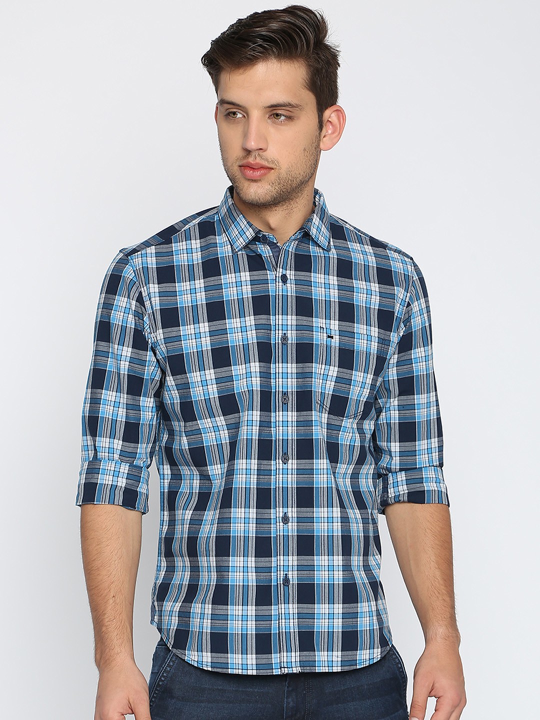 

Basics Men Blue Slim Fit Checked Casual Shirt