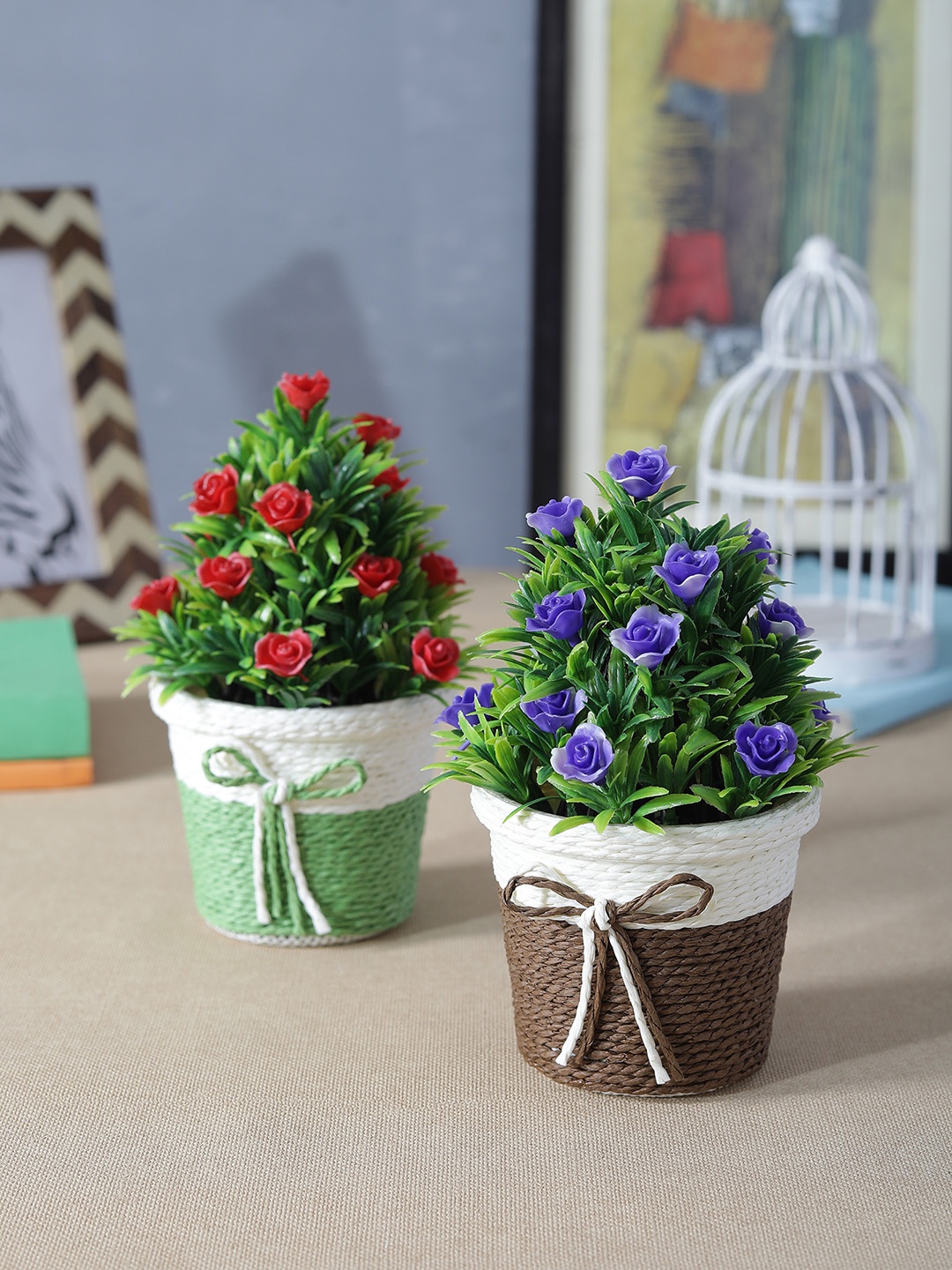 

FOLIYAJ Set of 2 Artificial Flowering Plants with Pots, Green