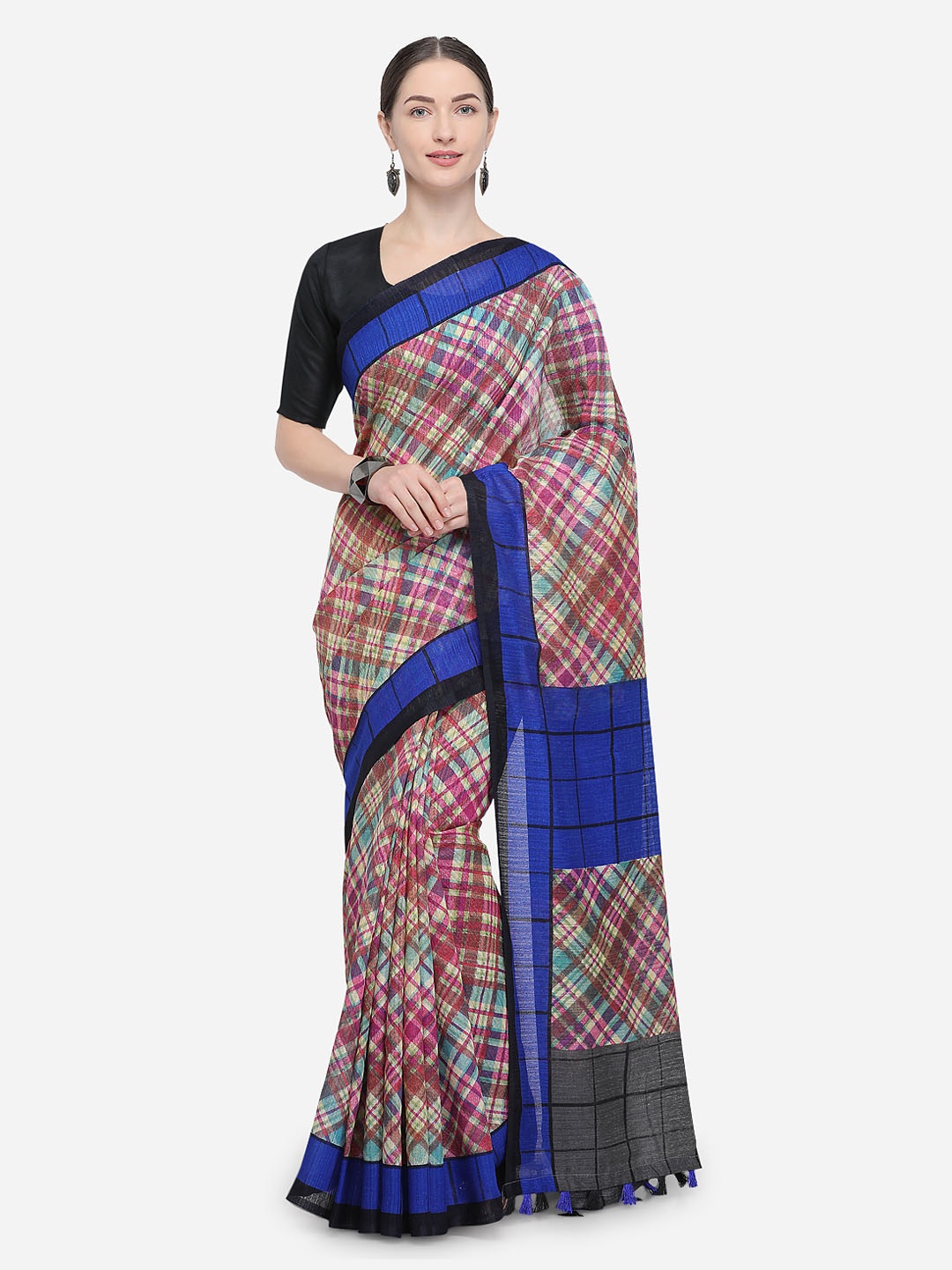 

Rajnandini Multicoloured Checked Linen Blend Saree, Multi