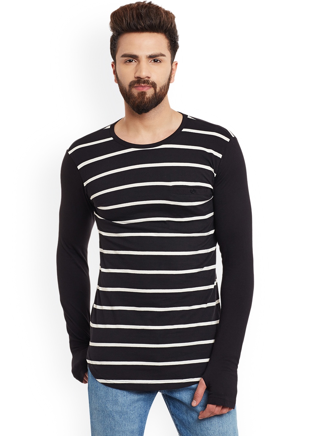 Hypernation Men Black Striped Round Neck T-shirt