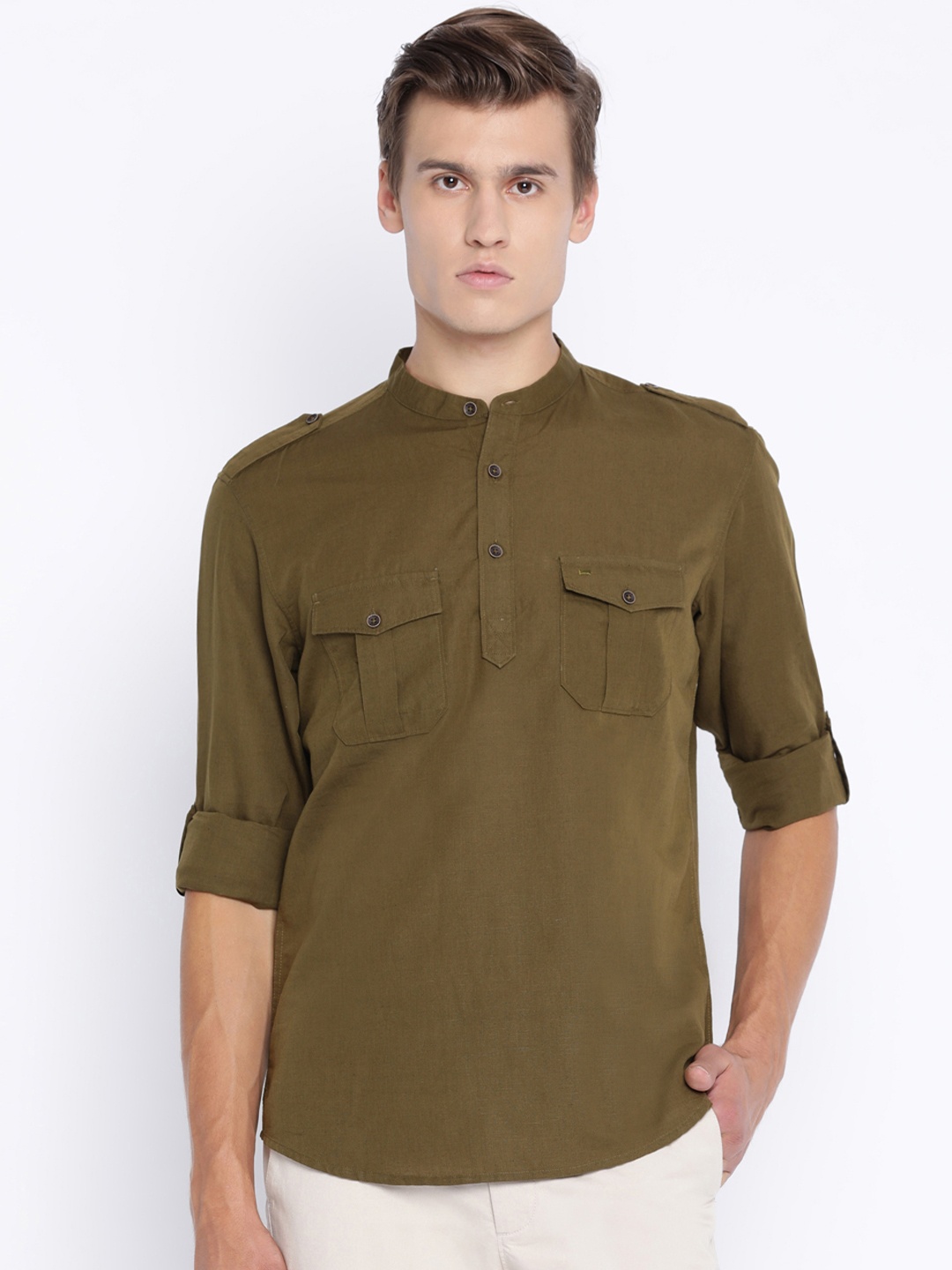 

Basics Men Olive Green Slim Fit Solid Casual Shirt