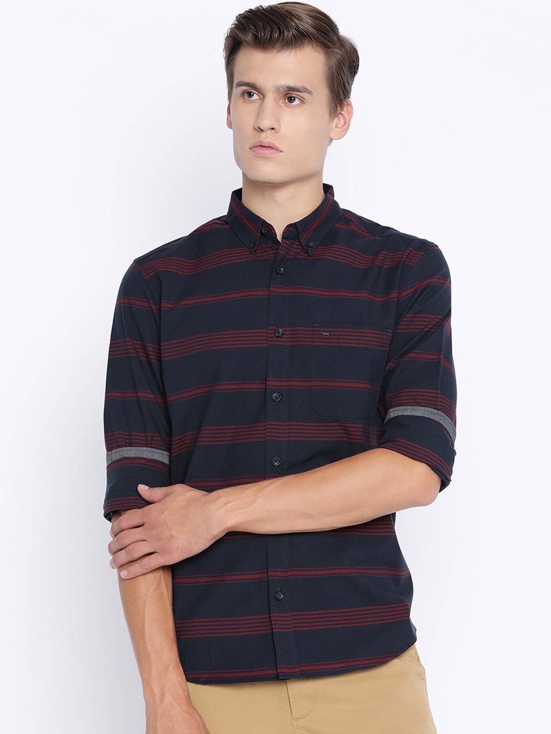 

Basics Men Navy Blue Slim Fit Striped Casual Shirt