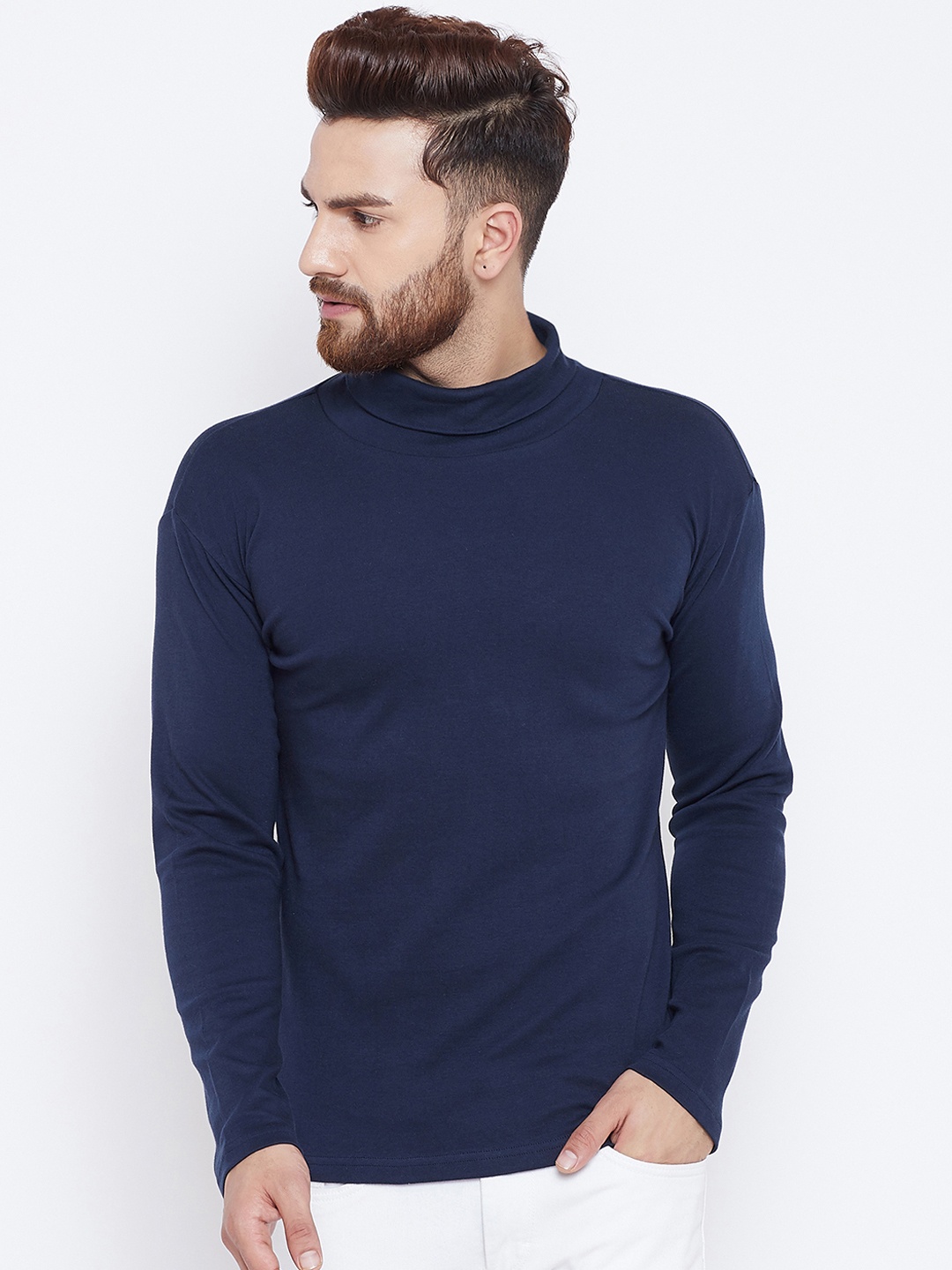 

Hypernation Men Navy Blue Solid High Neck Pure Cotton T-shirt