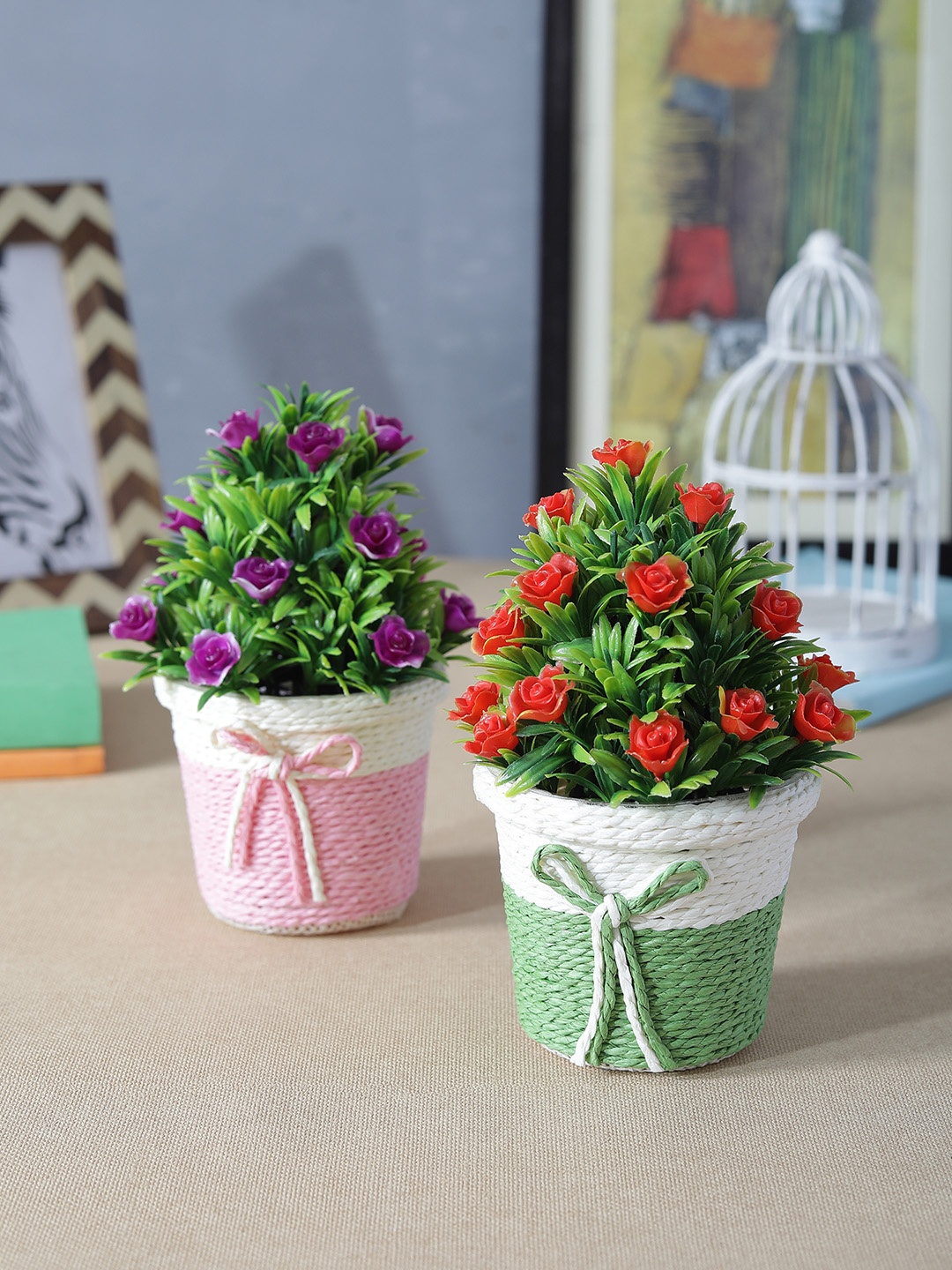 FOLIYAJ Set of 2 Artificial Flowering Plants with Pots, Green
