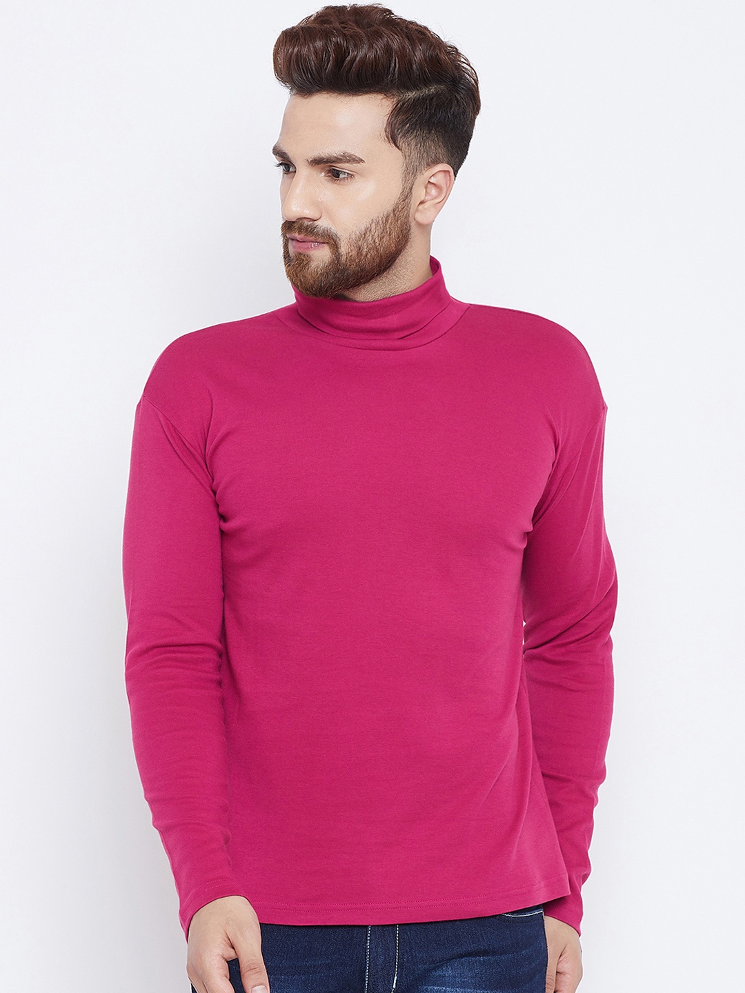 

Hypernation Men Fuchsia Solid High Neck Pure Cotton T-shirt
