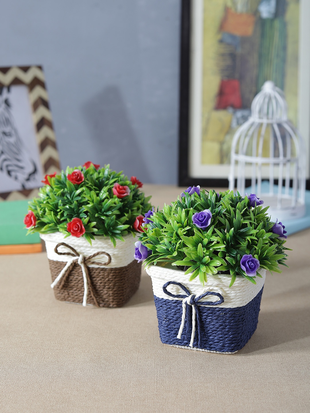 

FOLIYAJ Set of 2 Artificial Flowering Plants with Pots, Blue