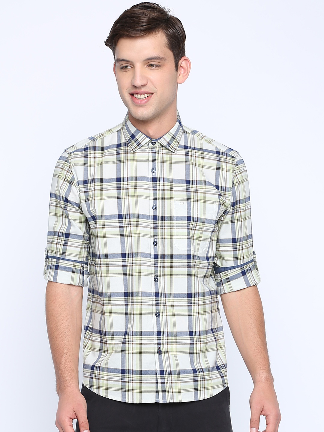 

Basics Men Green & White Slim Fit Checked Casual Shirt