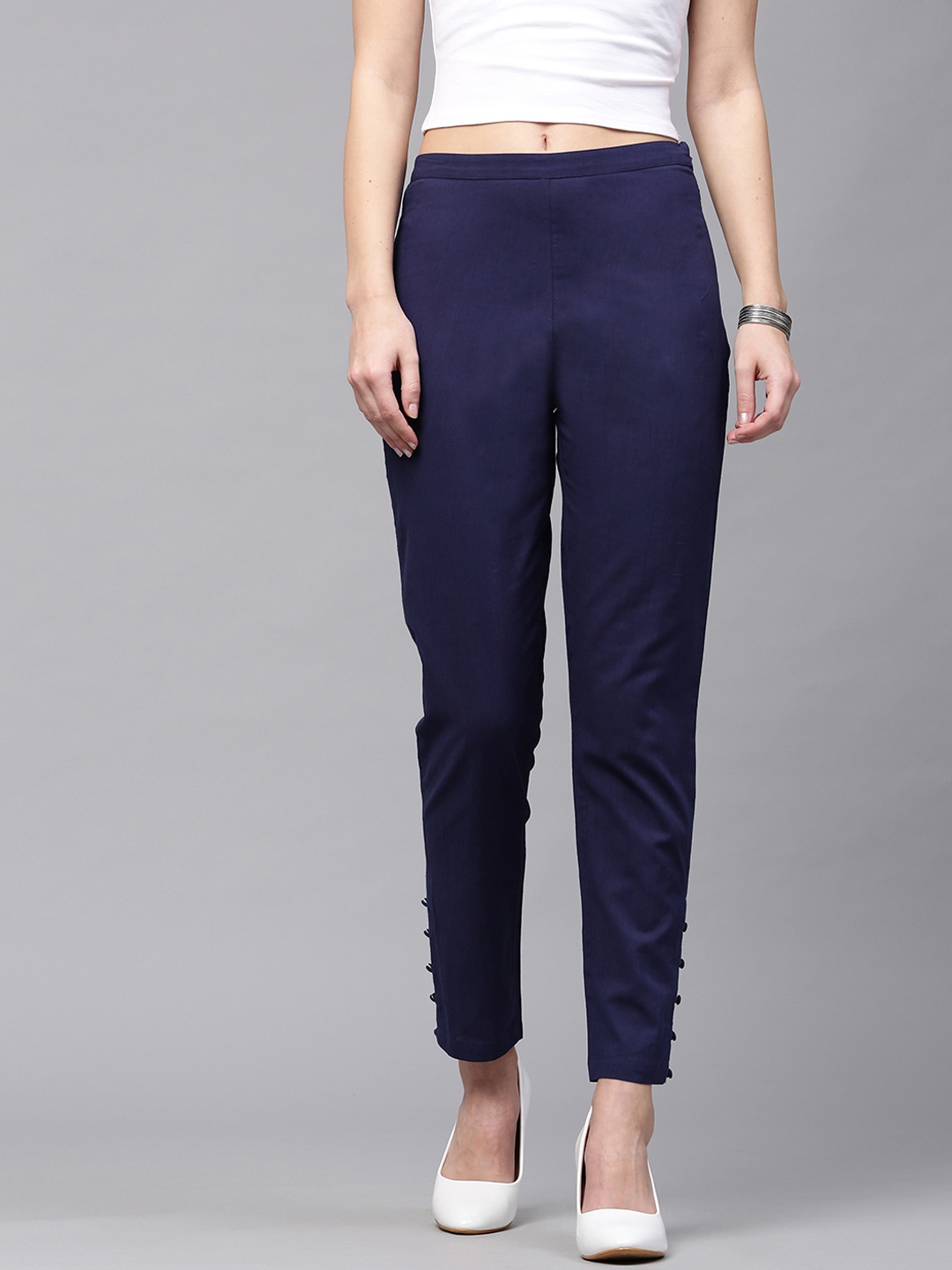 

SASSAFRAS Women Navy Blue Slim Fit Solid Semi-Sheer Trousers