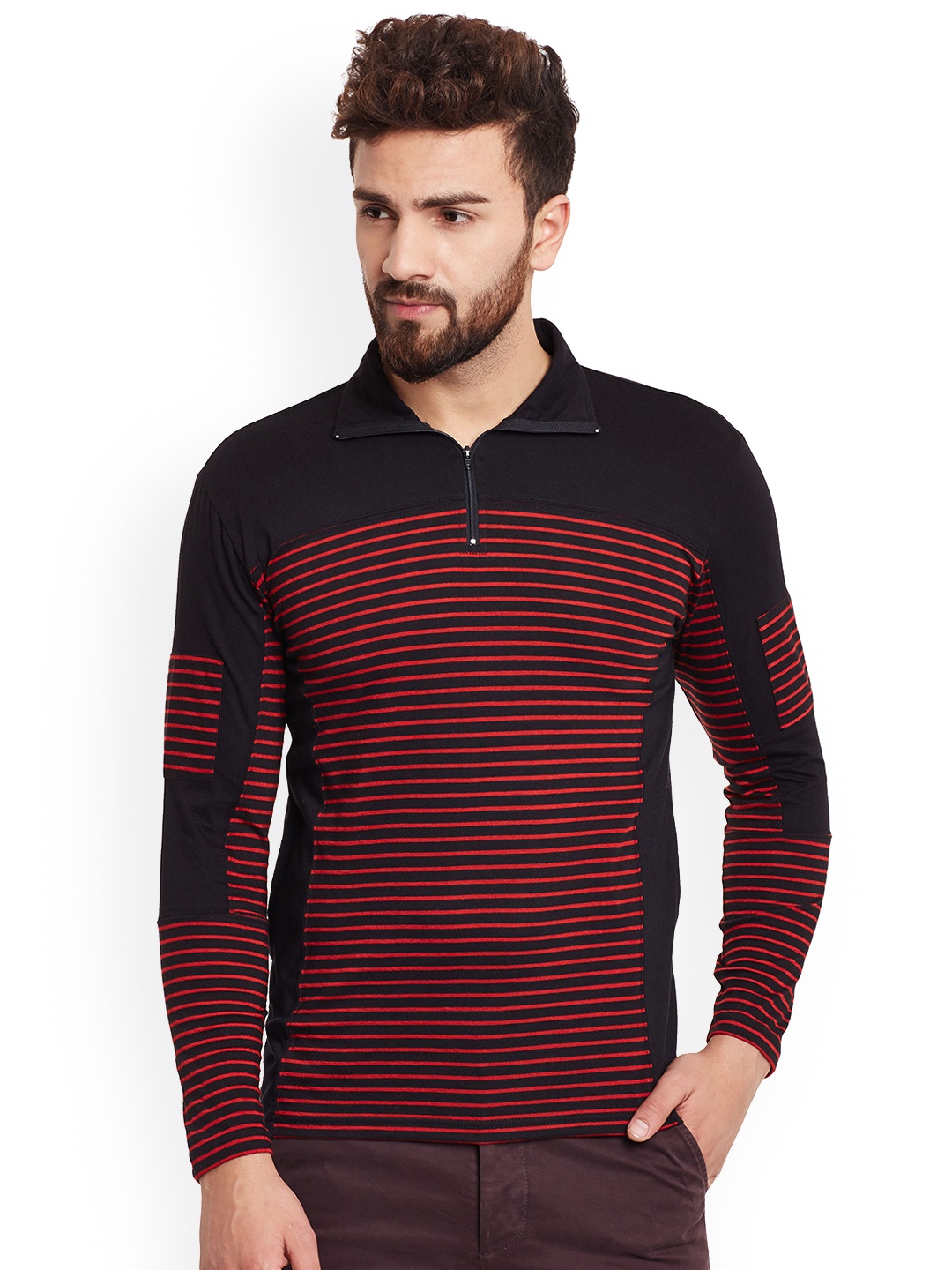 

Hypernation Men Red Striped Polo Collar Pure Cotton T-shirt