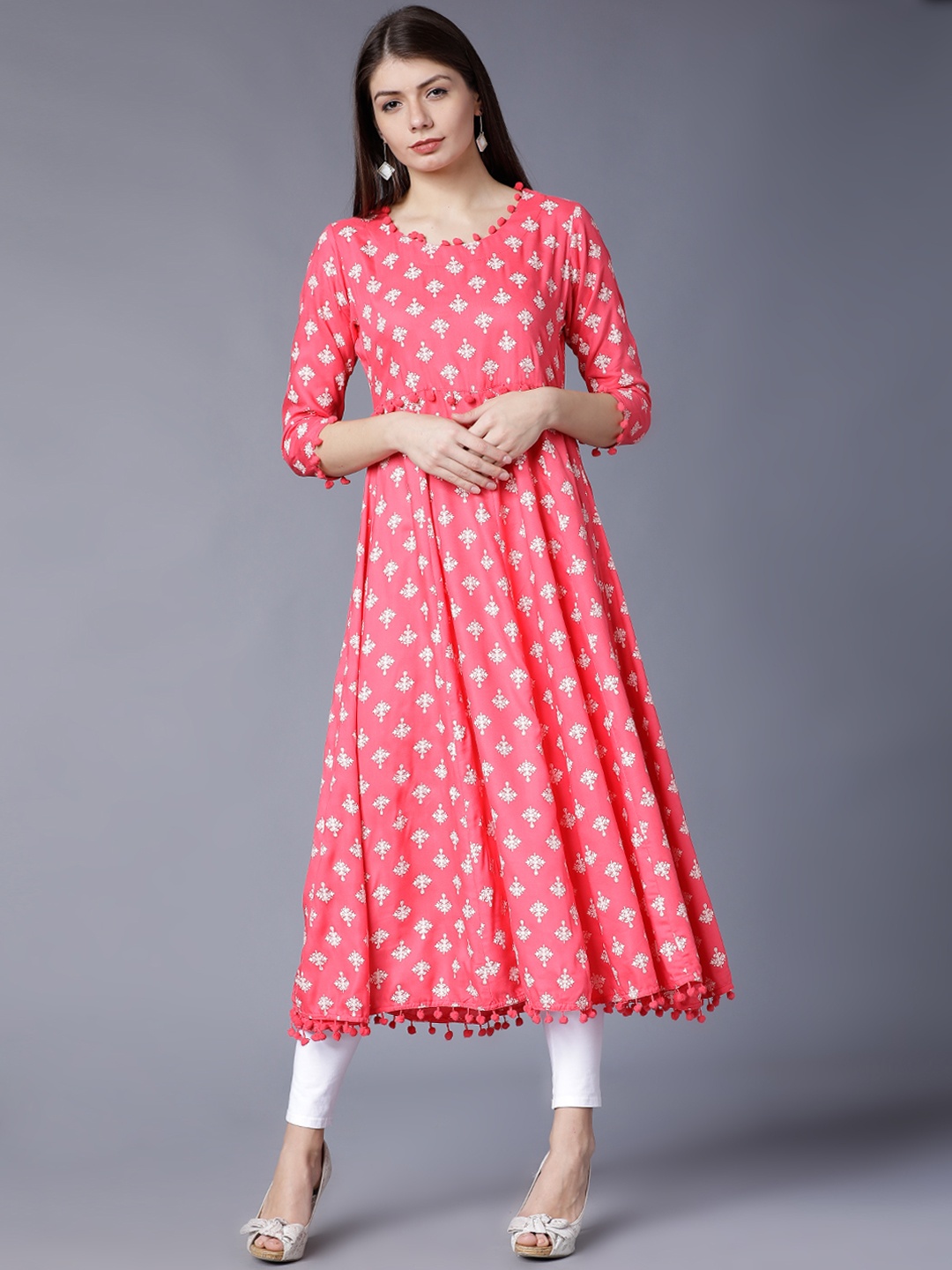 

Vishudh Women Pink & White Printed A-Line Kurta