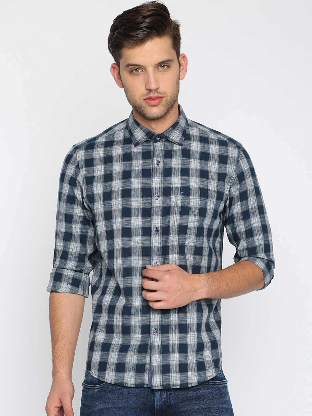 

Basics Men Navy Blue & Off-White Slim Fit Checked Casual Shirt