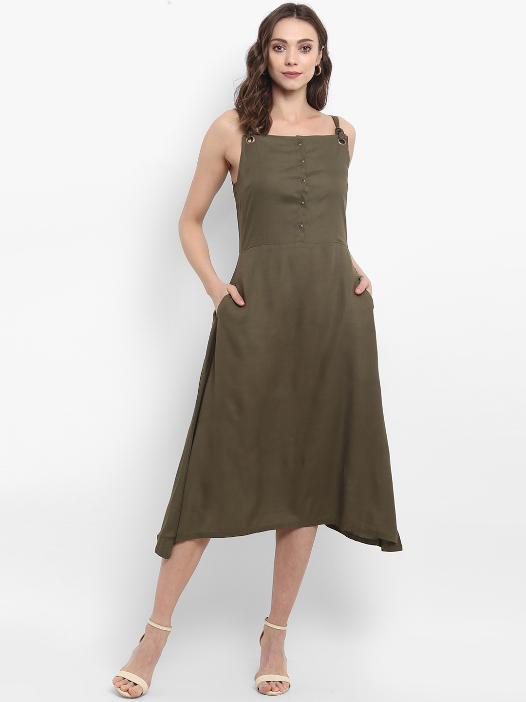 

PURYS Women Olive Green Solid A-Line Dress
