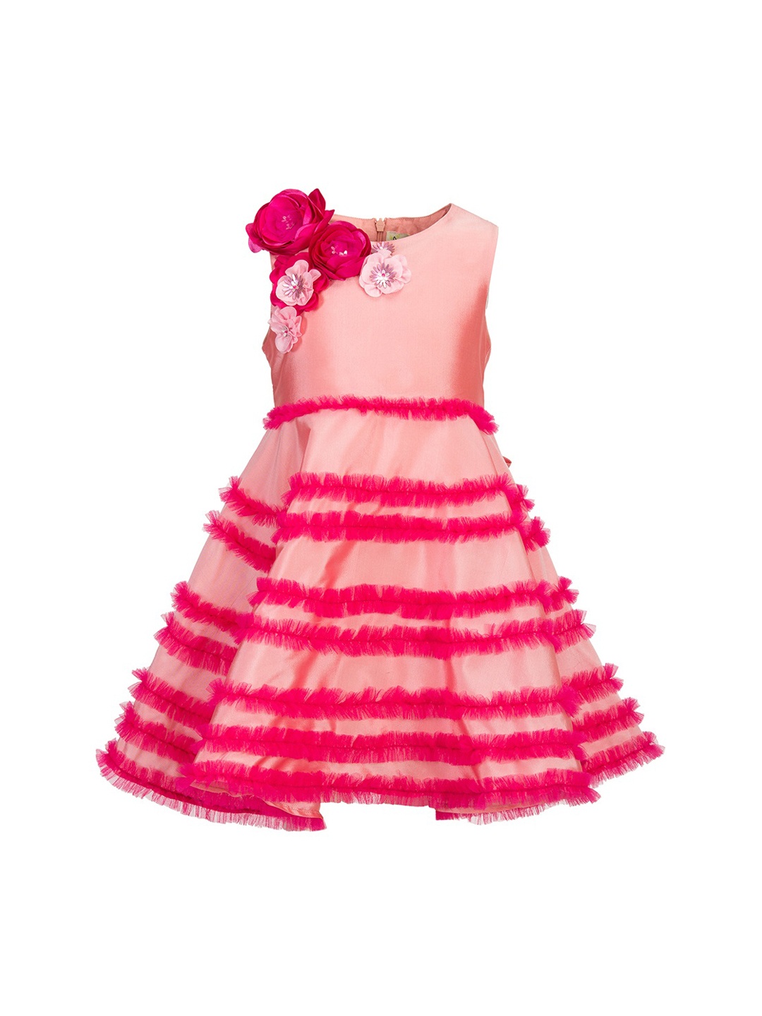 

A Little Fable Girls Pink seine dress Self Design Fit and Flare Dress