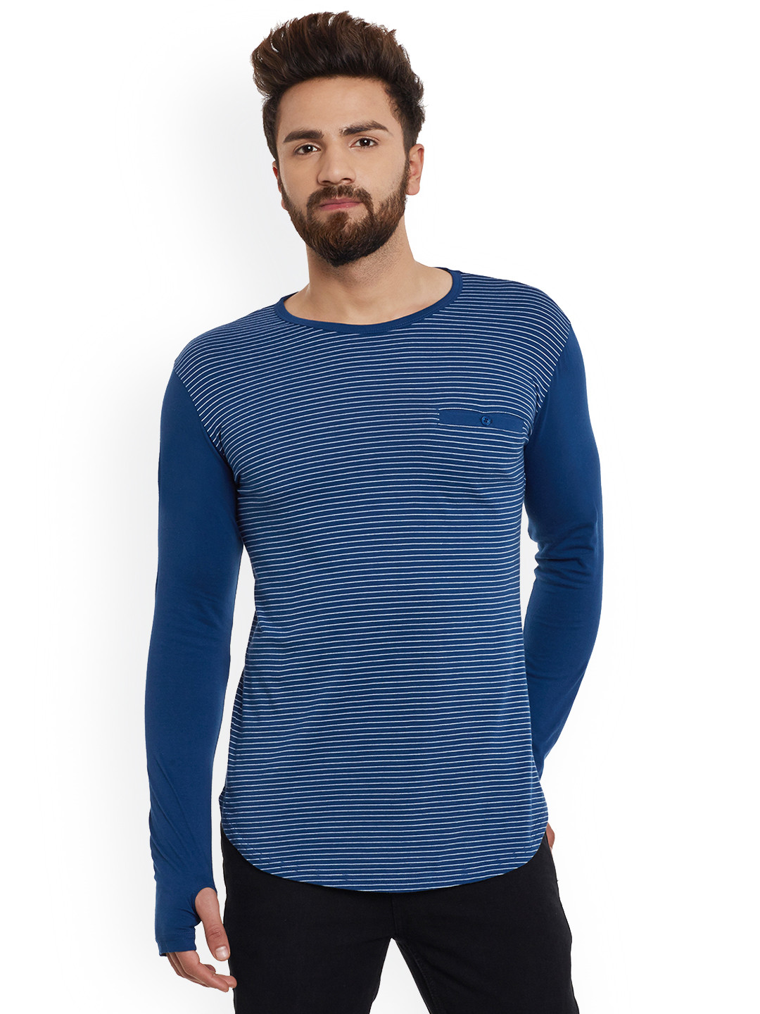 

Hypernation Men Blue Striped Round Neck T-shirt
