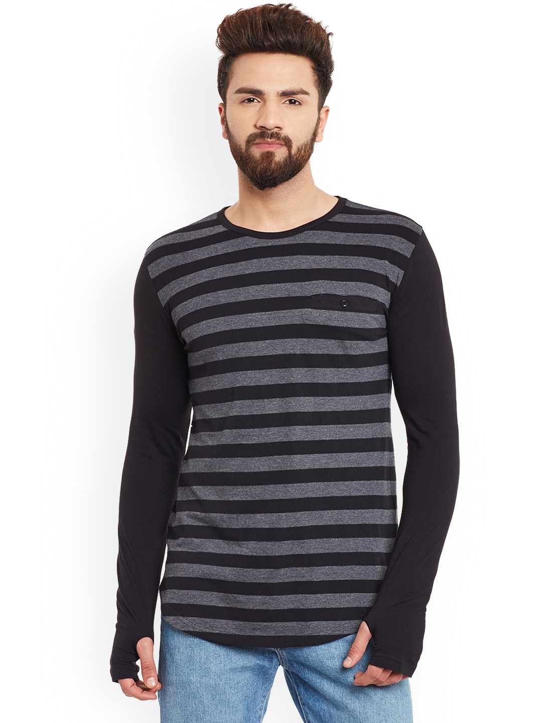 

Hypernation Men Black Grey Striped Round Neck Pure Cotton T-shirt