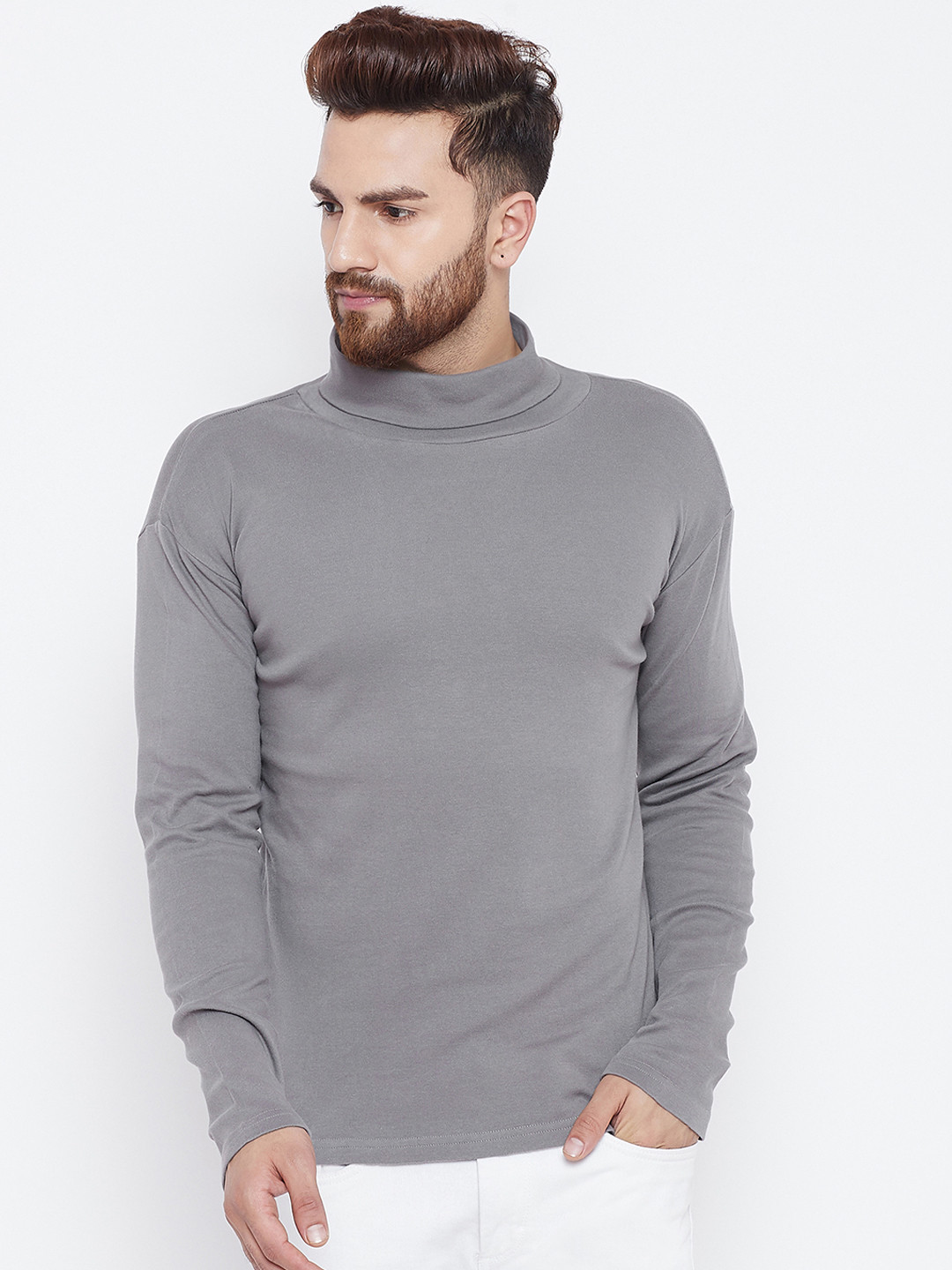 

Hypernation Men Grey Solid High Neck T-shirt
