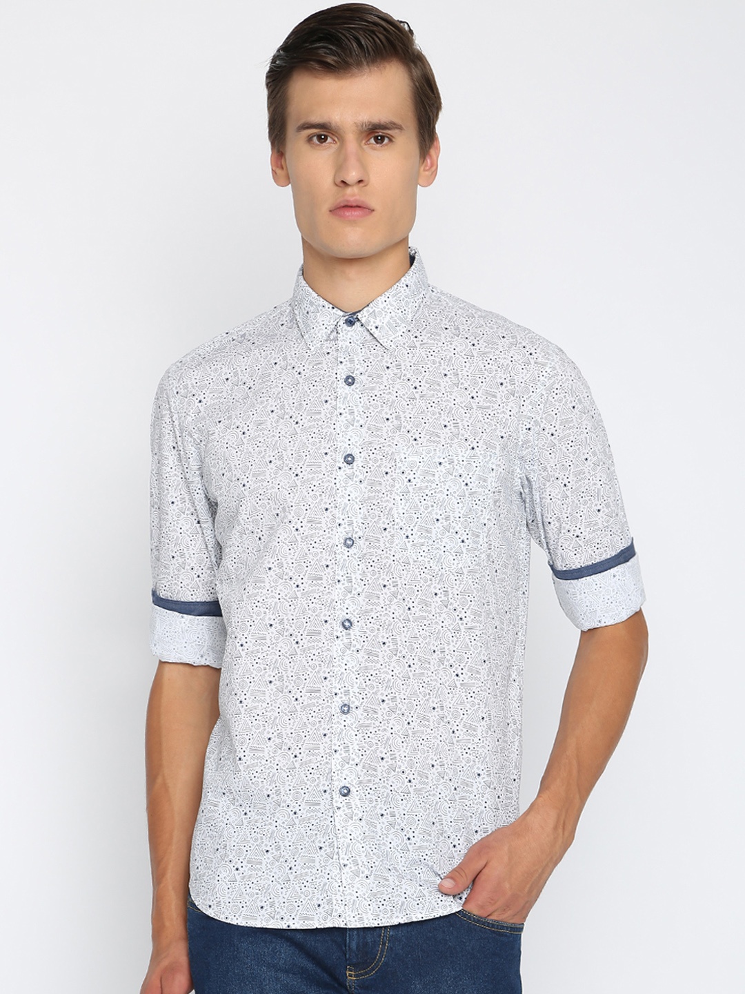 

Basics Men White & Grey Slim Fit Printed Casual Shirt