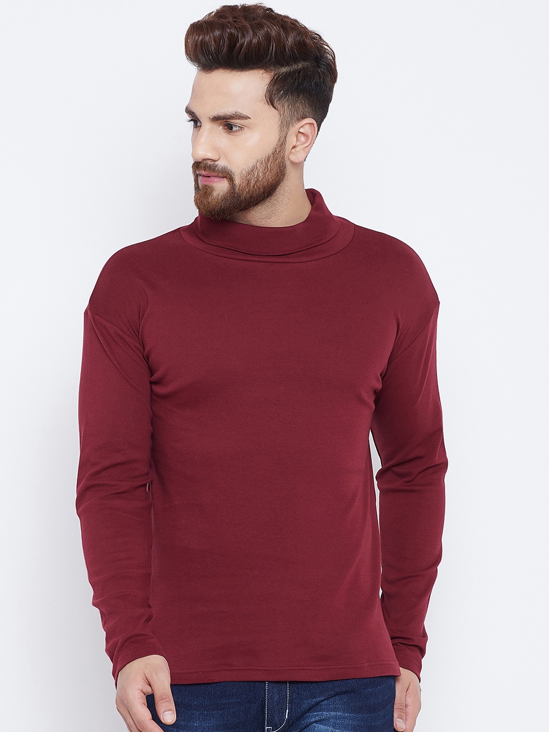 

Hypernation Men Maroon Solid High Neck Pure Cotton T-shirt