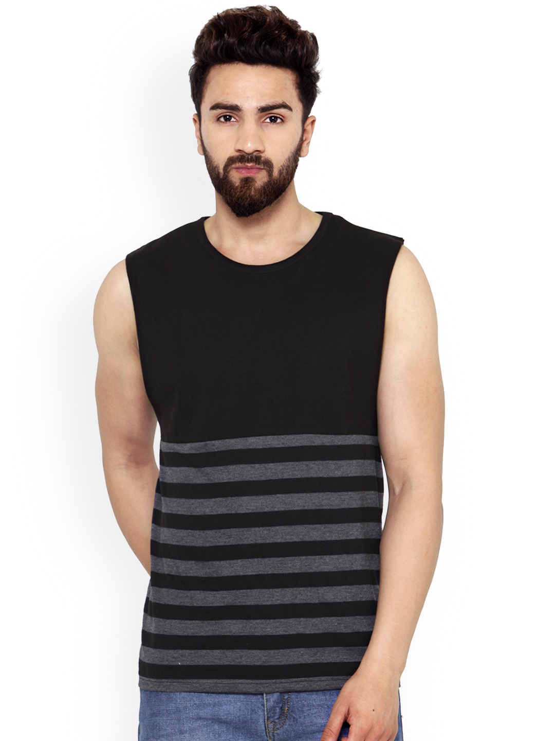 Hypernation Men Black Grey Striped Round Neck Pure Cotton T-shirt