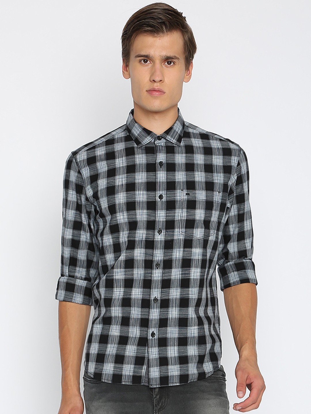 

Basics Men Black & Grey Slim Fit Checked Casual Shirt