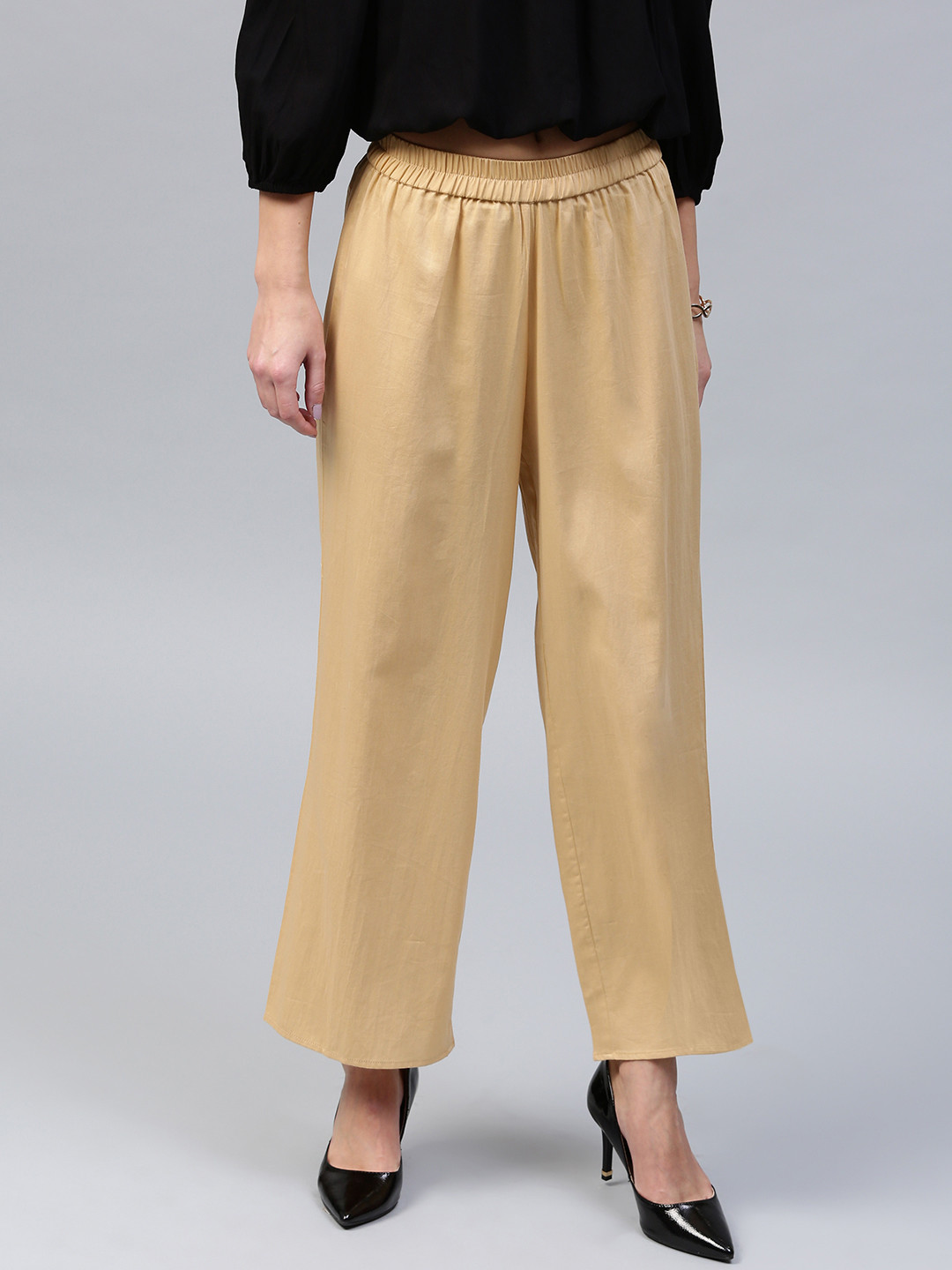 

SASSAFRAS Women Beige Solid Straight Palazzos