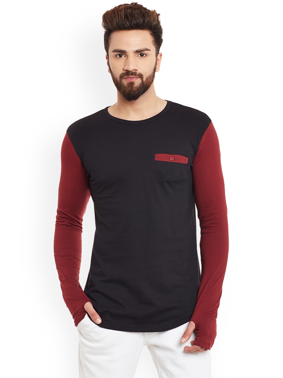 

Hypernation Men Maroon Colourblocked Round Neck Pure Cotton T-shirt