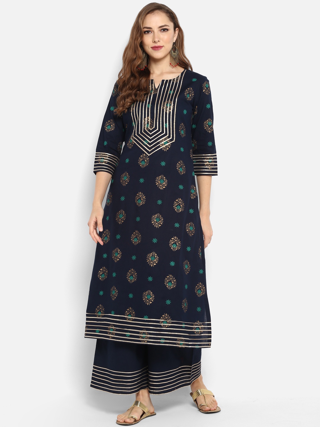 

Janasya Women Blue Ethnic Motifs Printed Regular Gotta Patti Pure Cotton Kurta with Palazzos