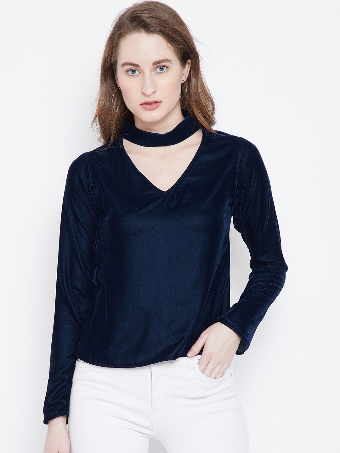 

Berrylush Women Navy Blue Solid Velvet A-Line Top