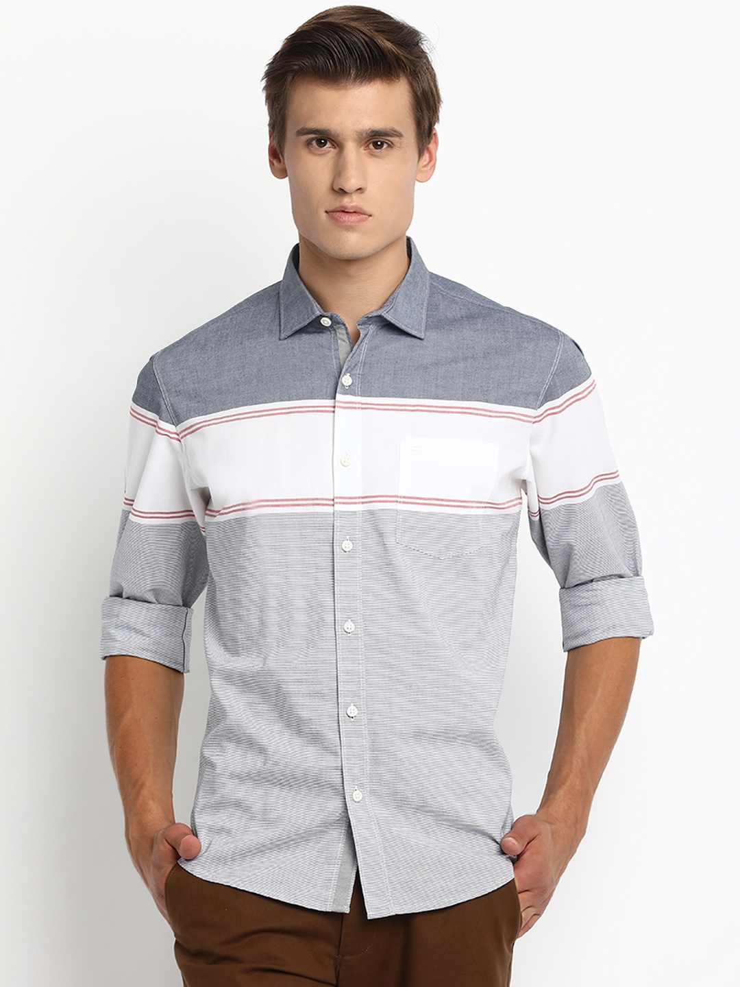 Basics Men Blue & Grey Slim Fit Striped Casual Shirt