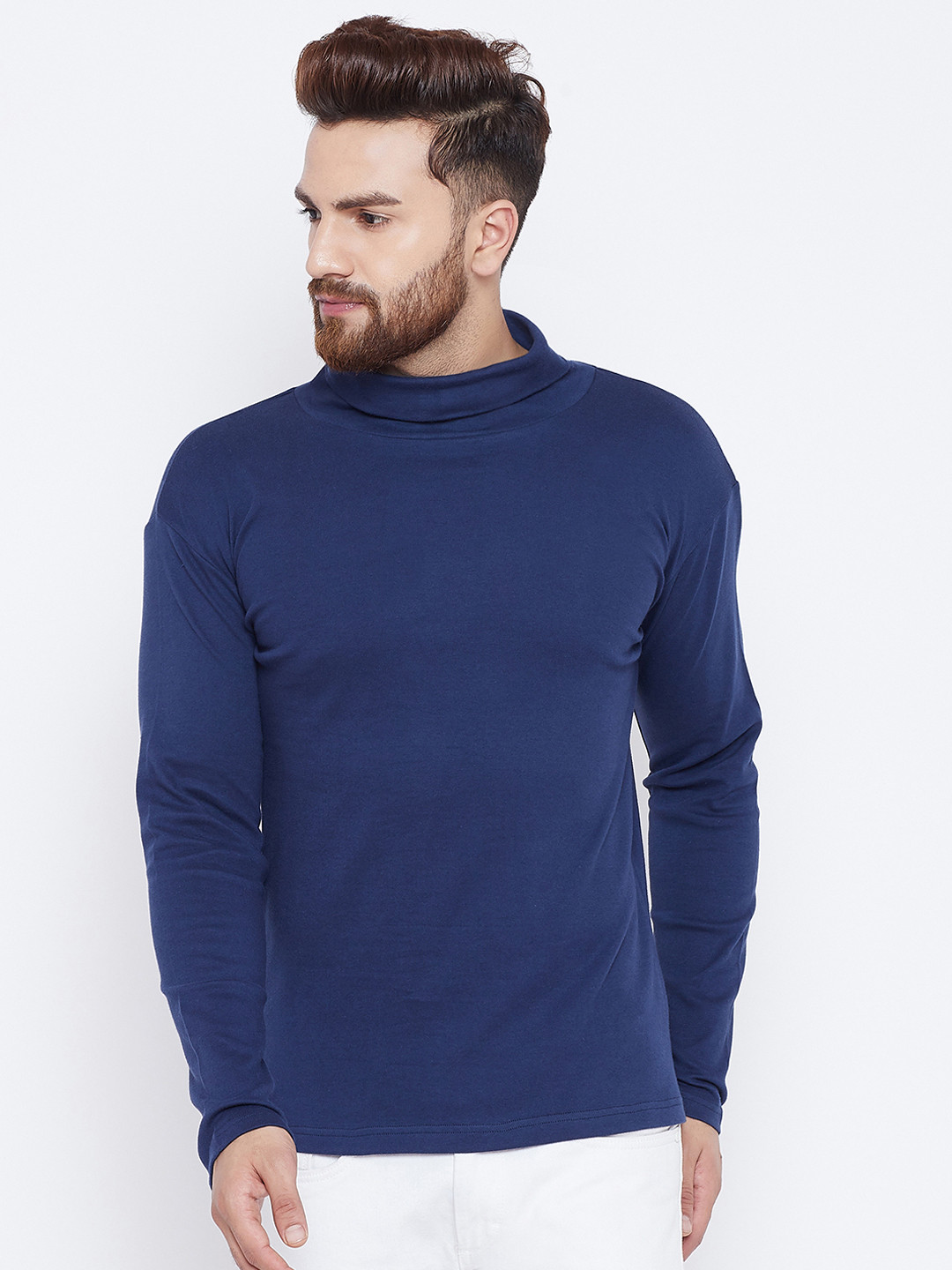 

Hypernation Men Blue Solid High Neck T-shirt