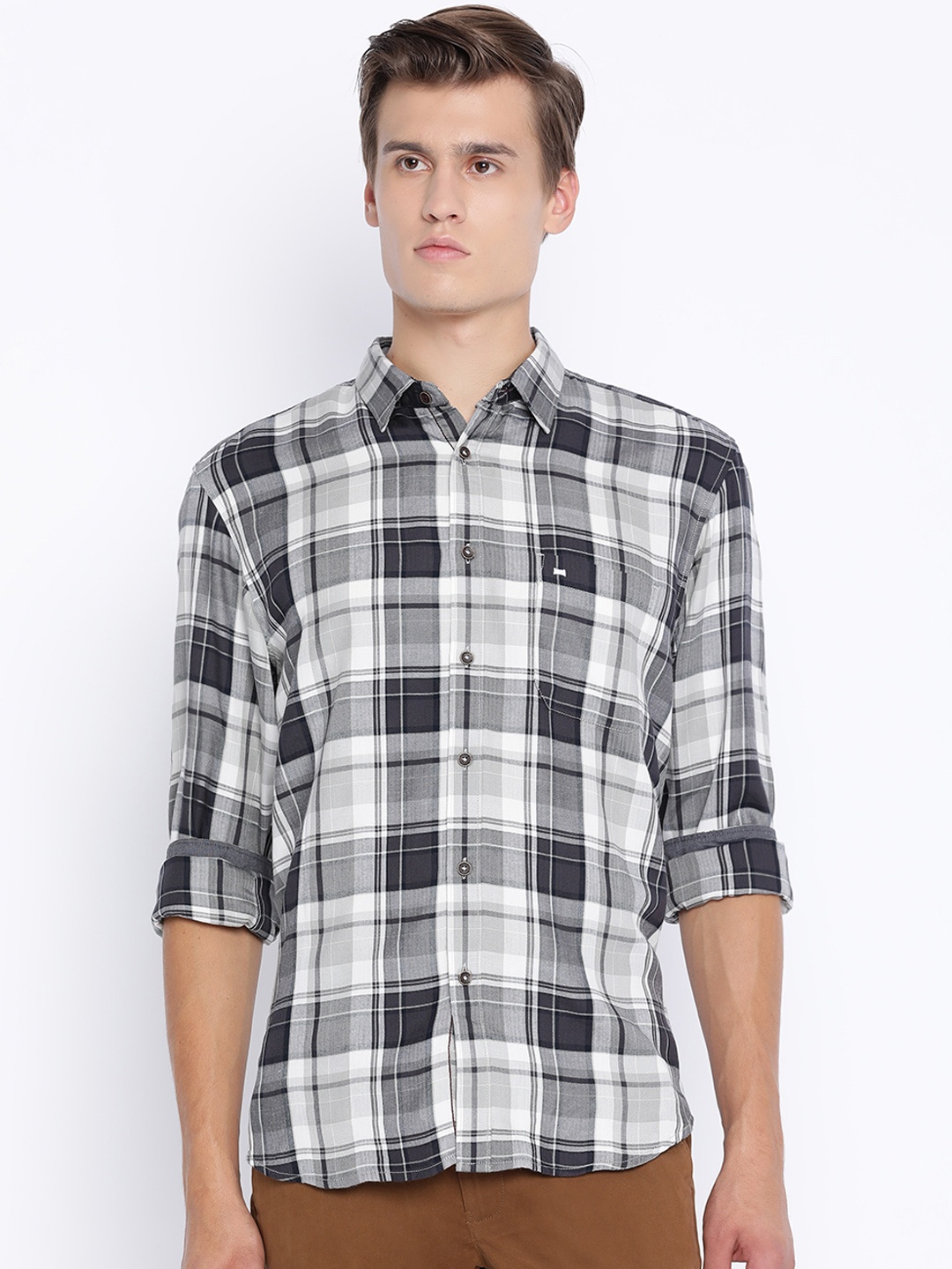 

Basics Men Grey & White Slim Fit Checked Casual Shirt