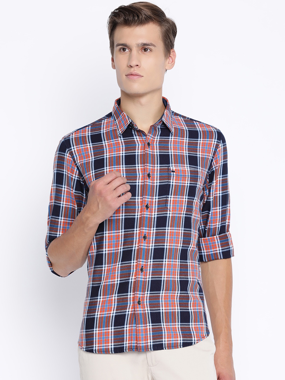 

Basics Men Orange & Navy Blue Slim Fit Checked Casual Shirt