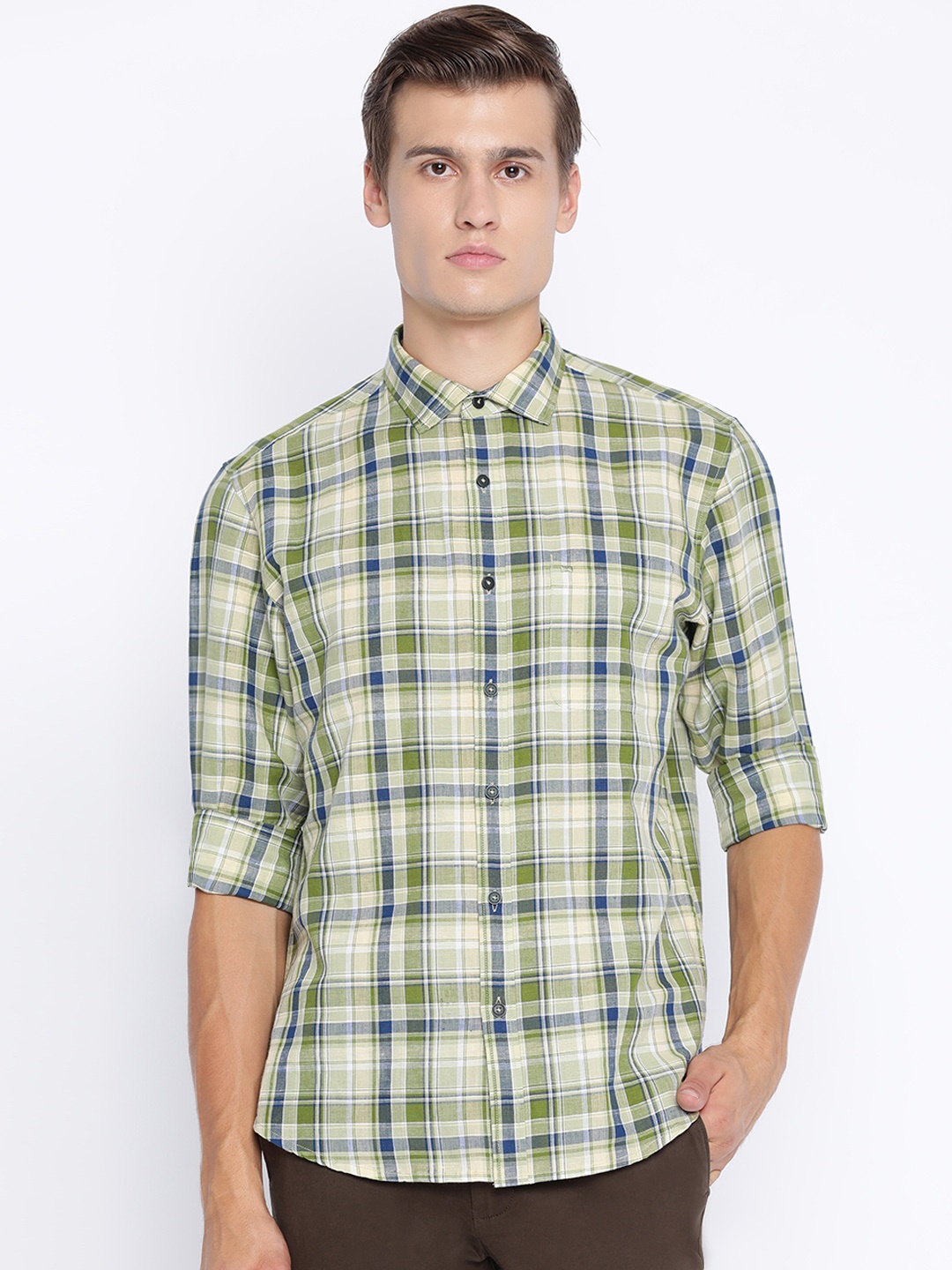 

Basics Men Green & Off-White Slim Fit Checked Casual Shirt
