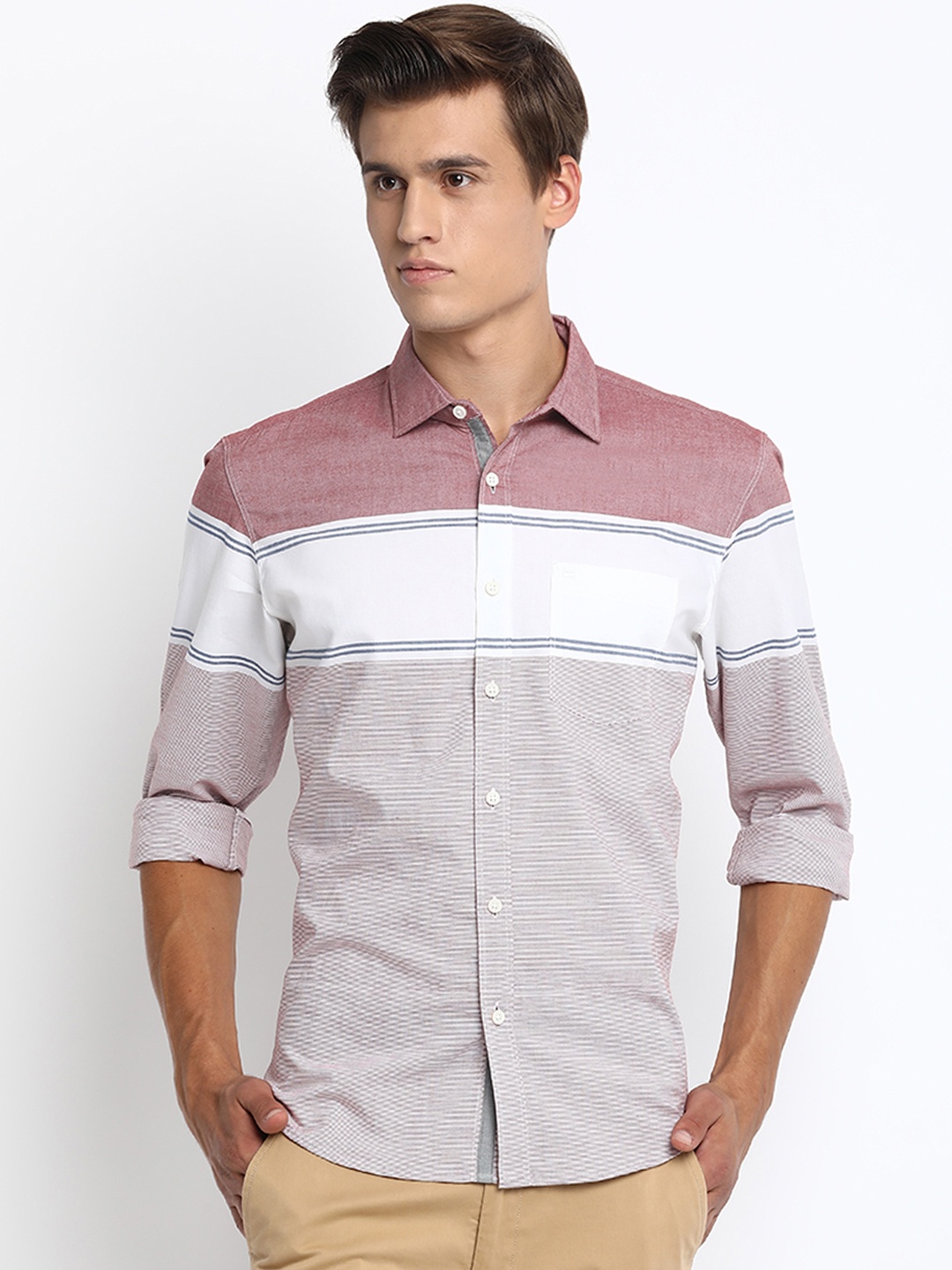 

Basics Men Red & White Slim Fit Striped Casual Shirt
