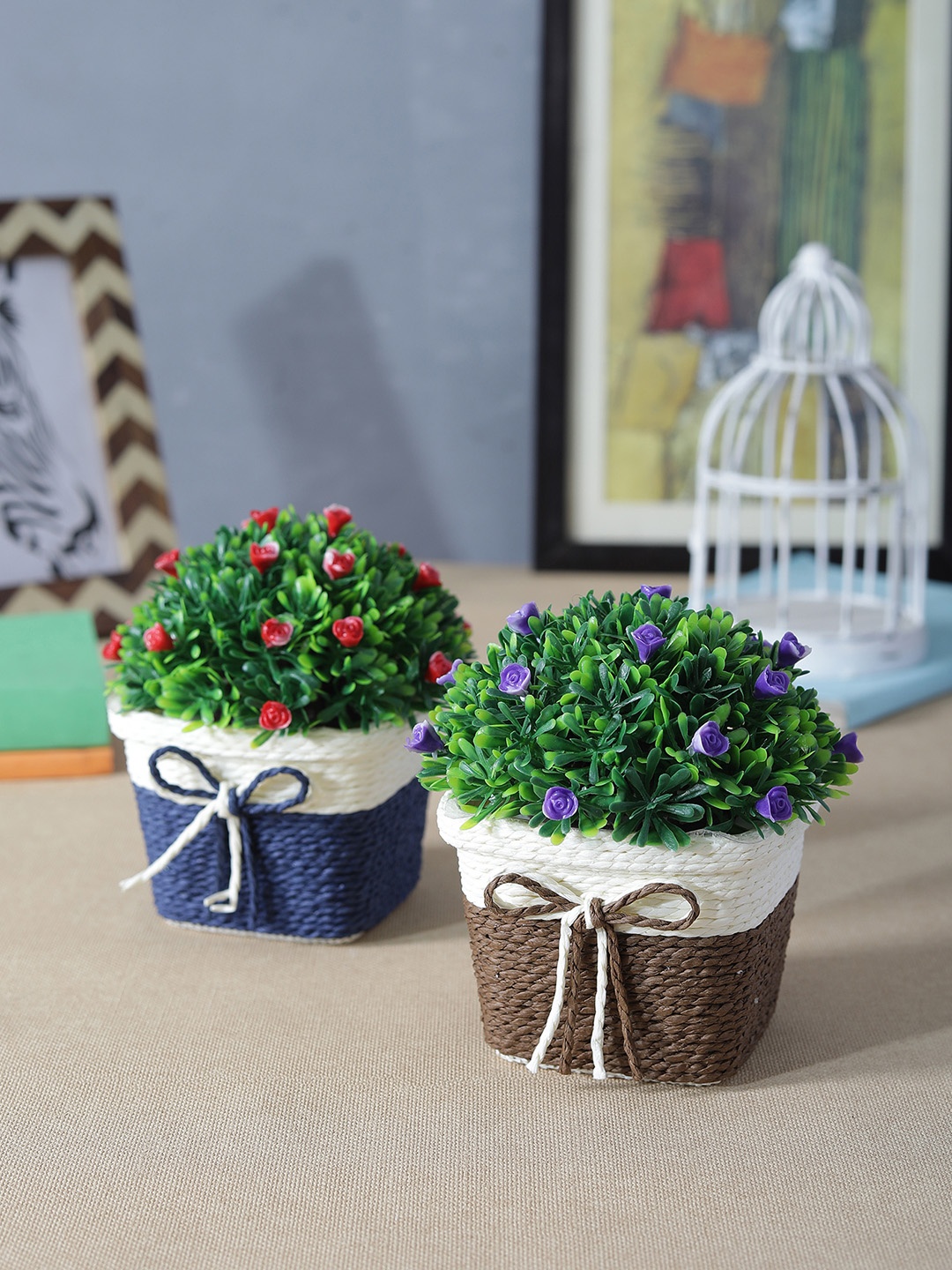 

FOLIYAJ Set of 2 Artificial Flowering Plants with Pots, Blue