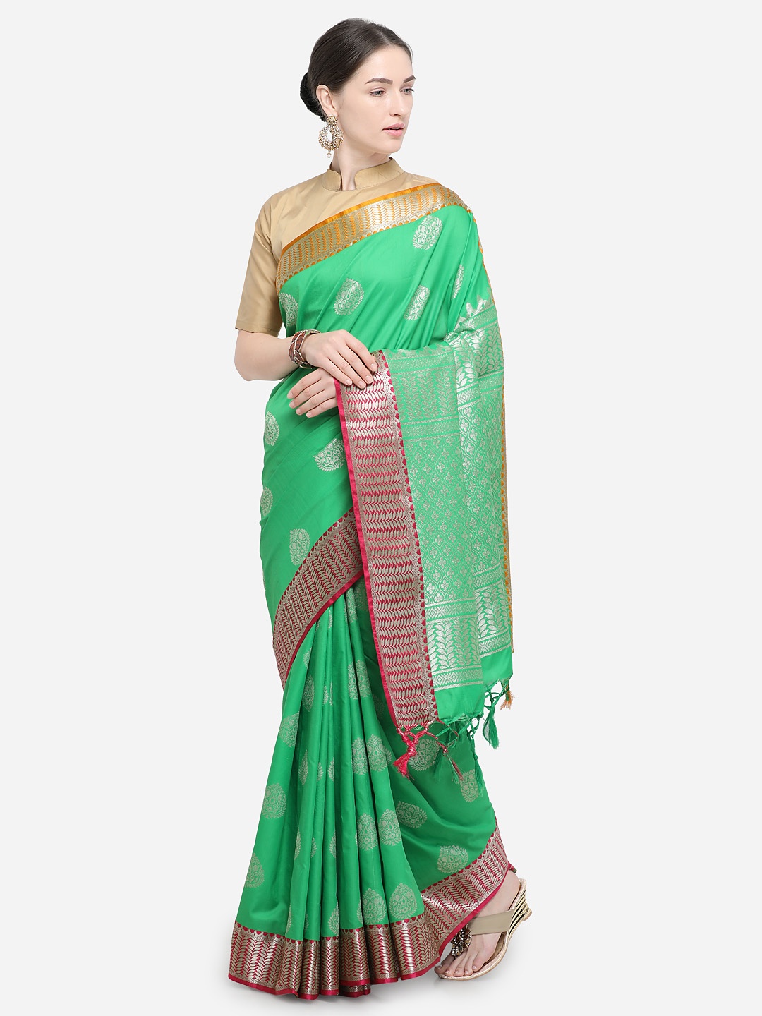 

Varkala Silk Sarees Green & Gold-Coloured Silk Blend Woven Design Banarasi Saree