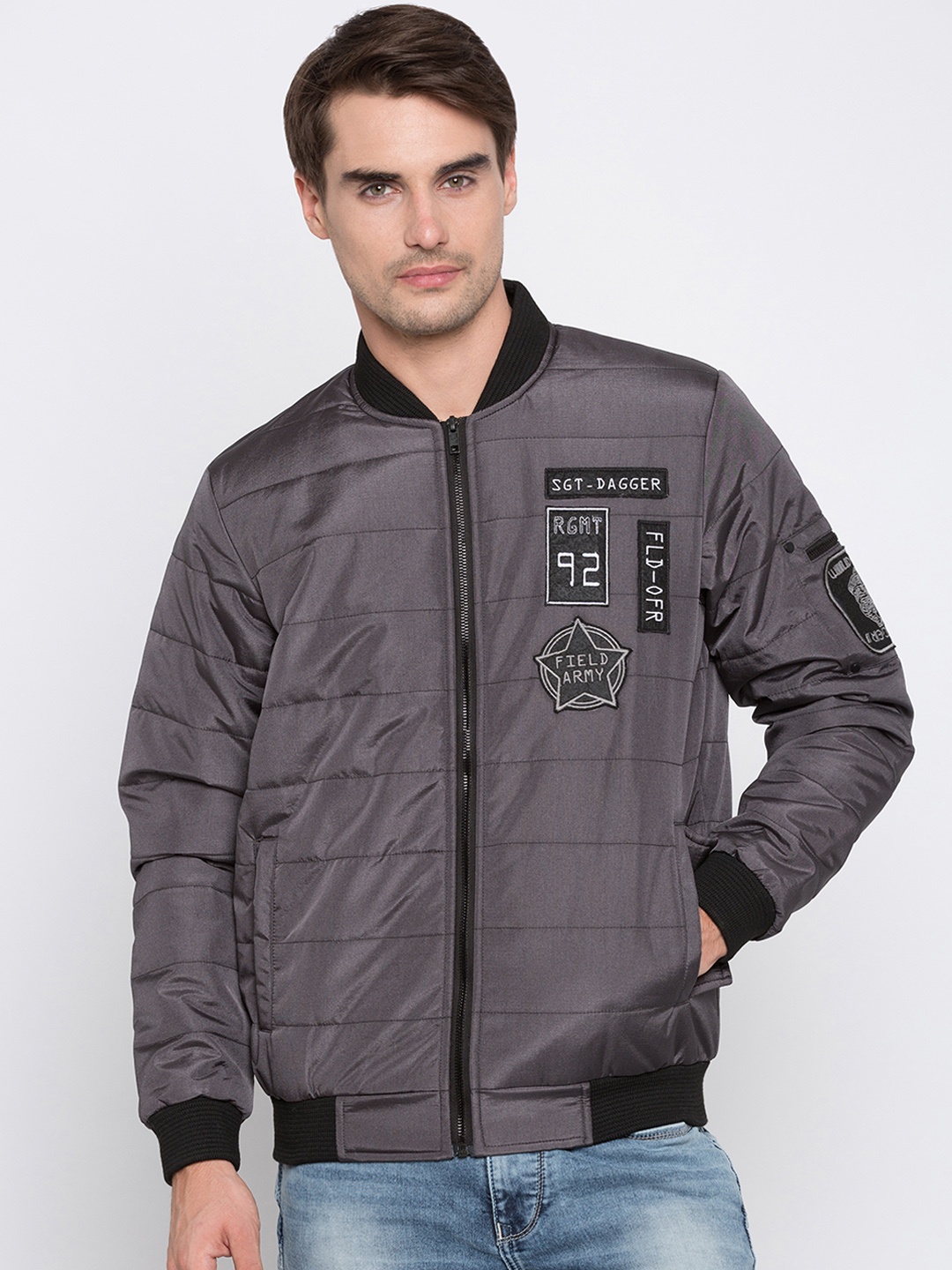 

SPYKAR Men Grey Solid Bomber Jacket