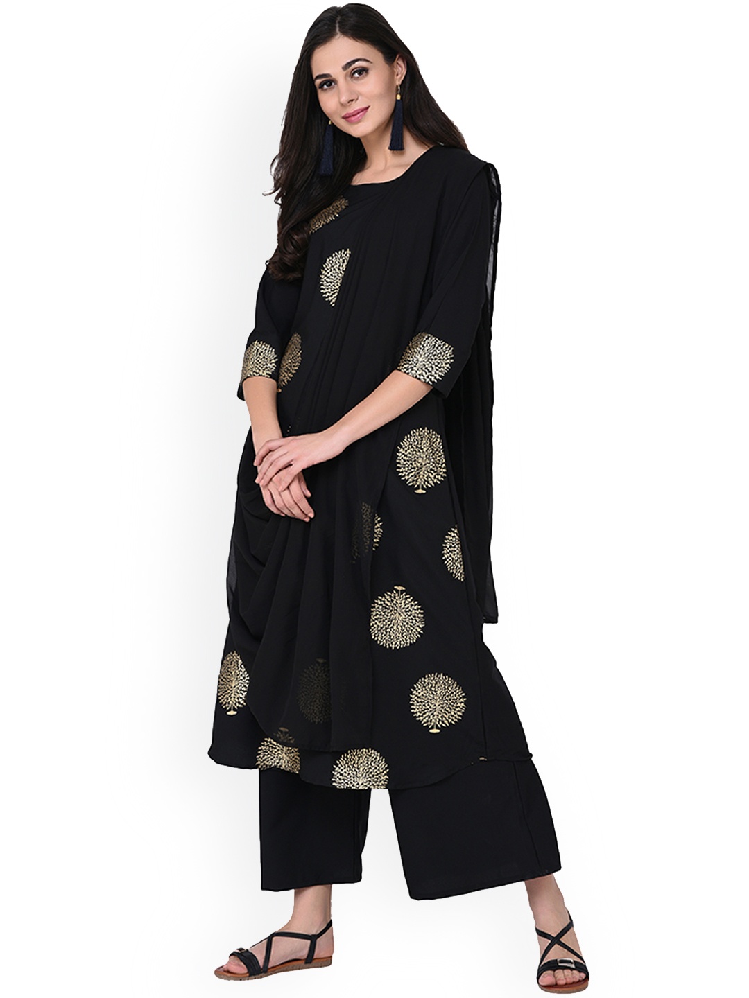 

ZIYAA Women Black & Printed Kurti with Palazzos & Dupatta