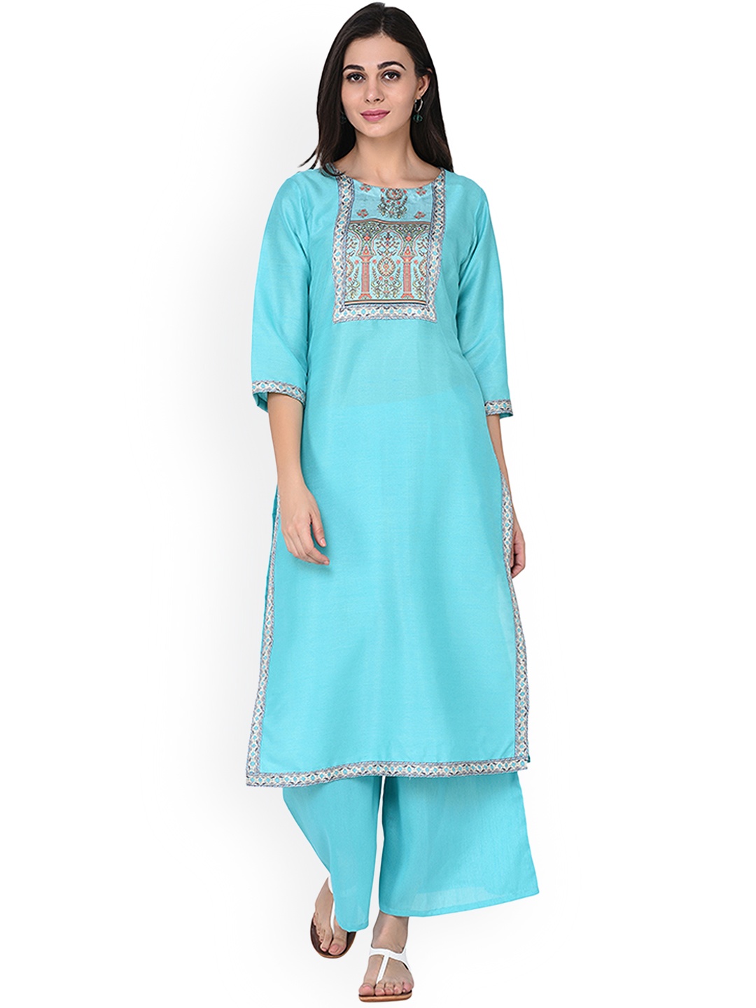

ZIYAA Women Turquoise Blue Yoke Design Kurta with Palazzos