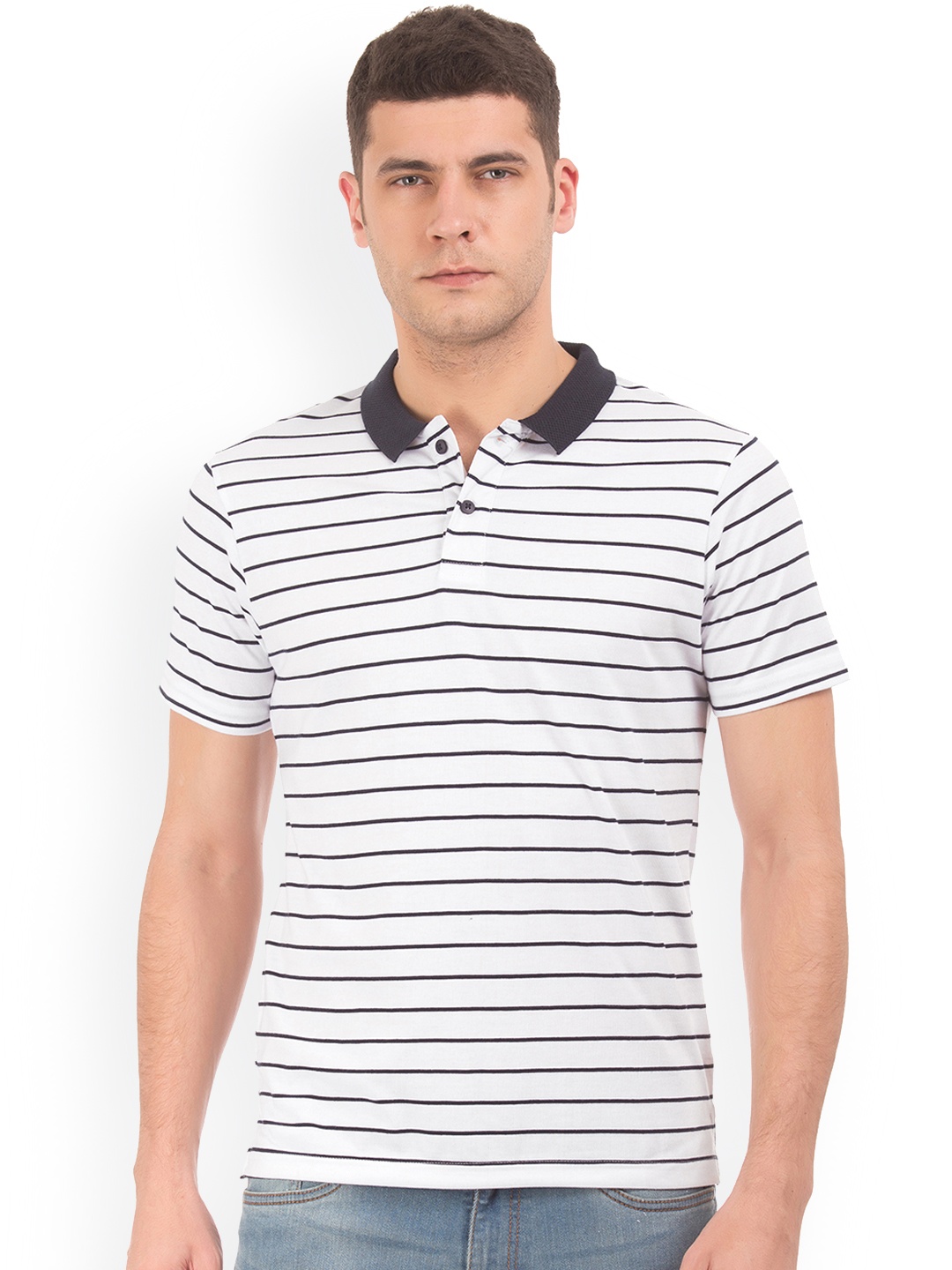 

Ruggers Men White & Black Striped Polo Collar T-shirt