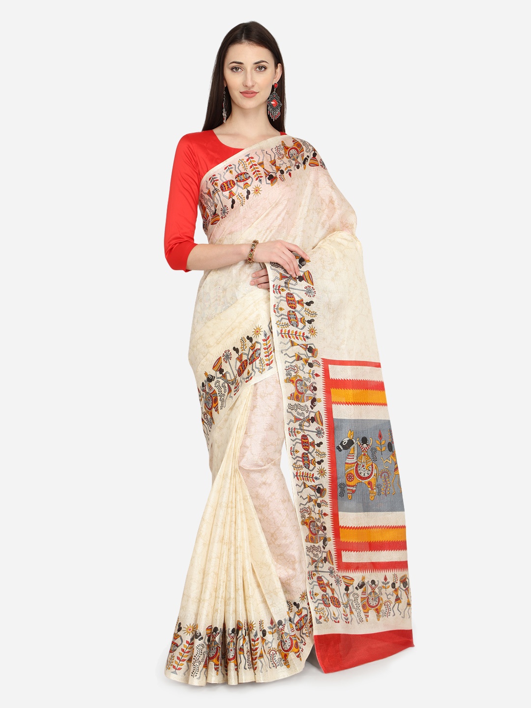 

Satrani Cream-Coloured Solid Art Silk Saree