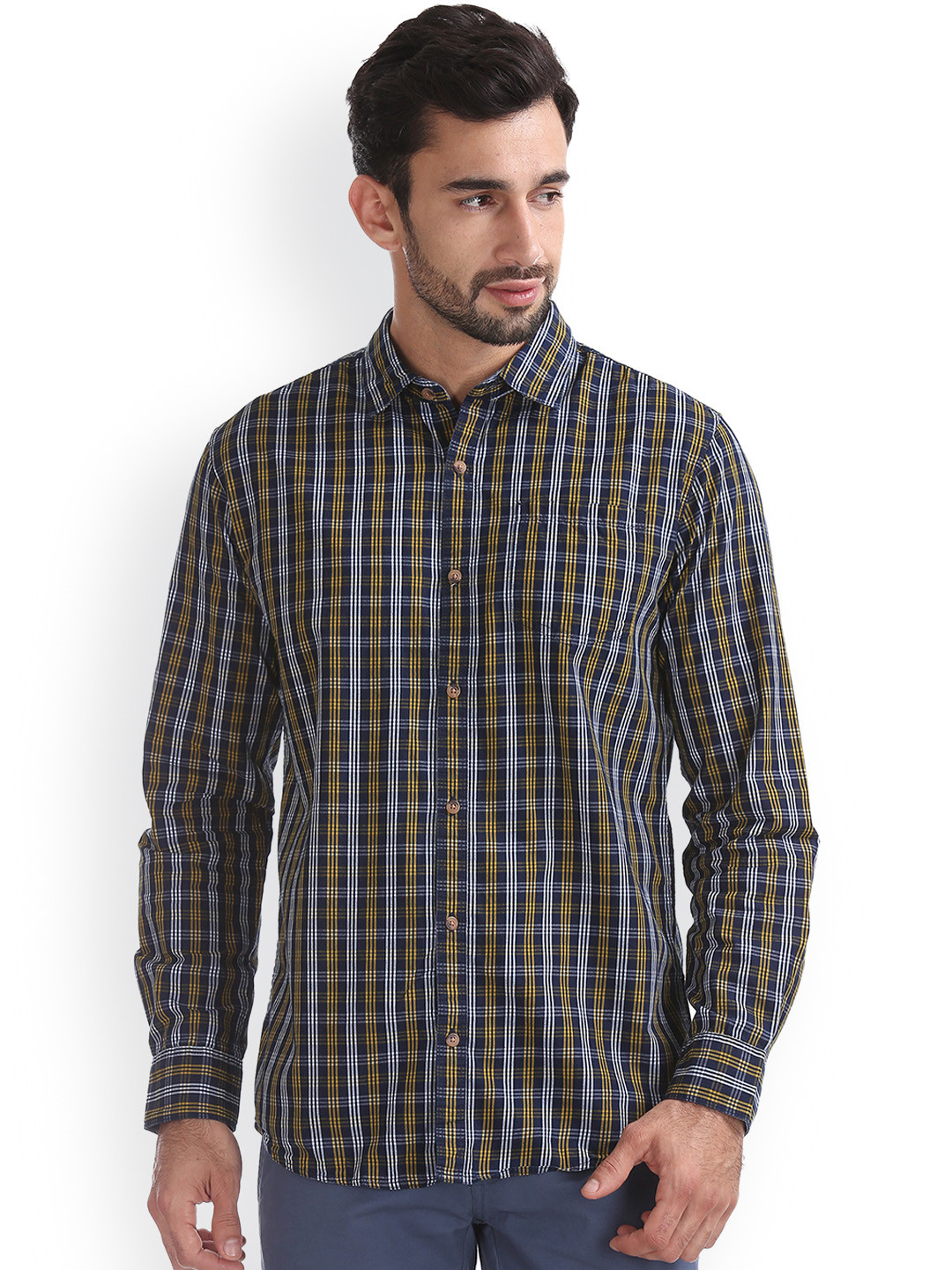

Ruggers Men Blue & Yellow Regular Fit Checked Casual Shirt
