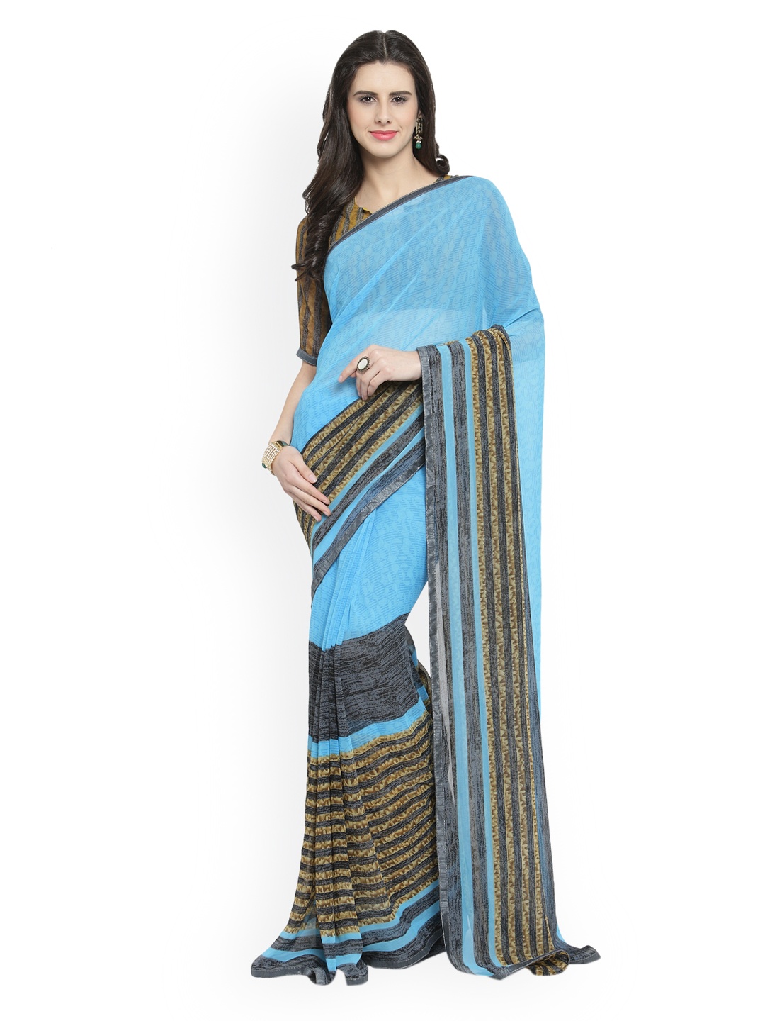 

Shaily Turquoise Blue Printed Pure Georgette Saree